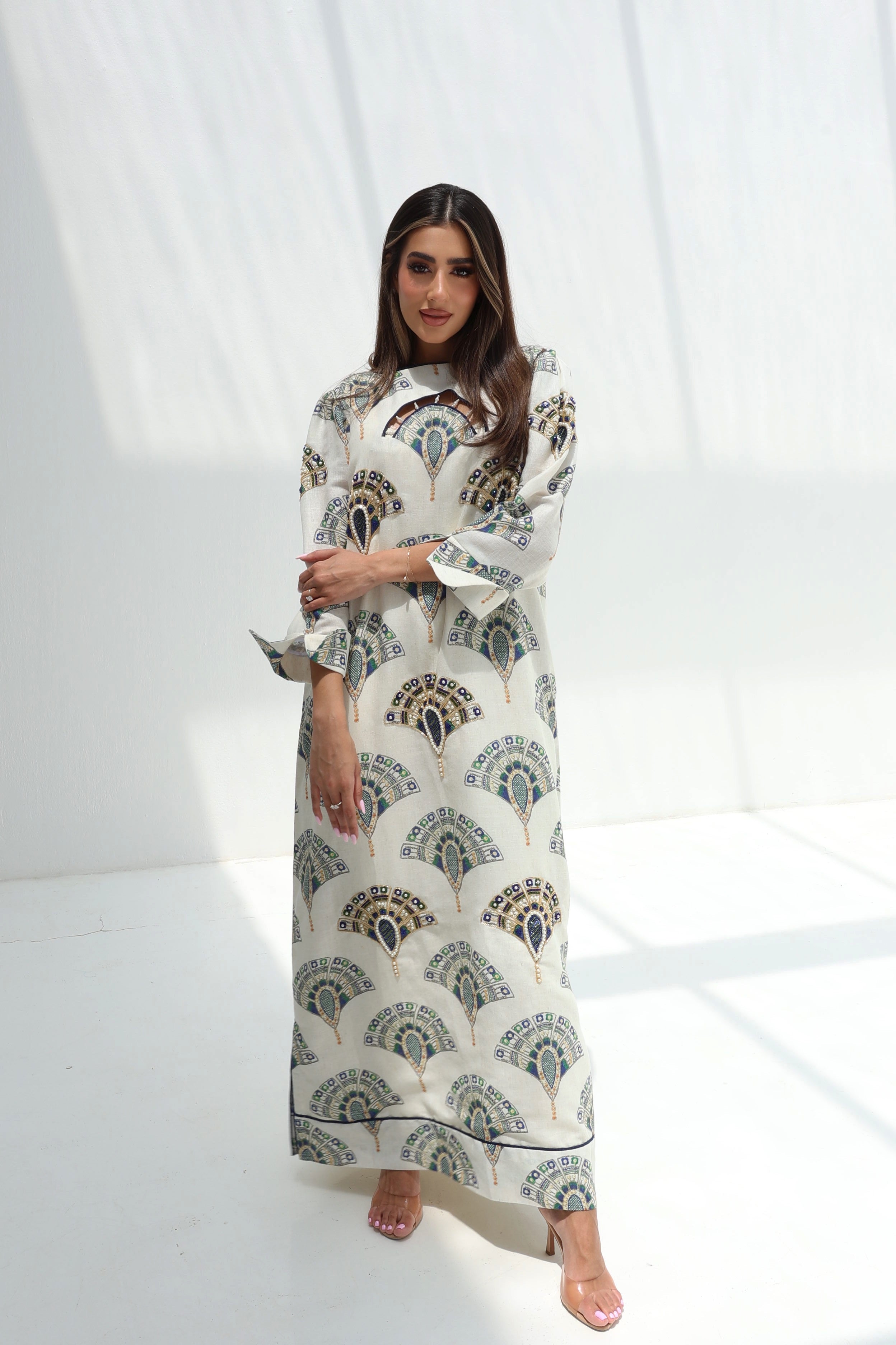Maraya — L182 — Art Deco Fan Print Linen Jalabiya with Embroidery & Lining