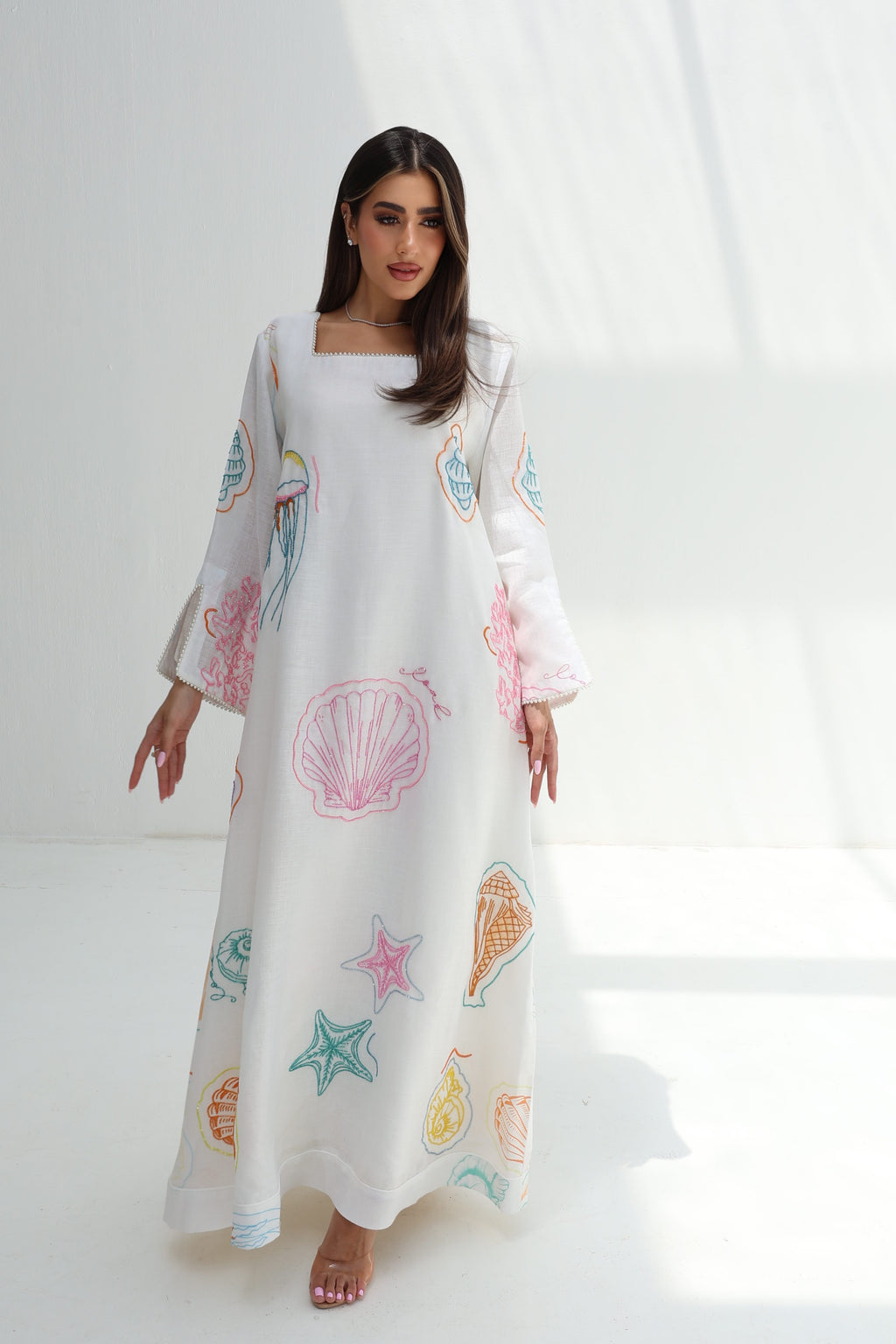 Sadaf — L179 — Embroidered Seashell Linen Jalabiya with Lining