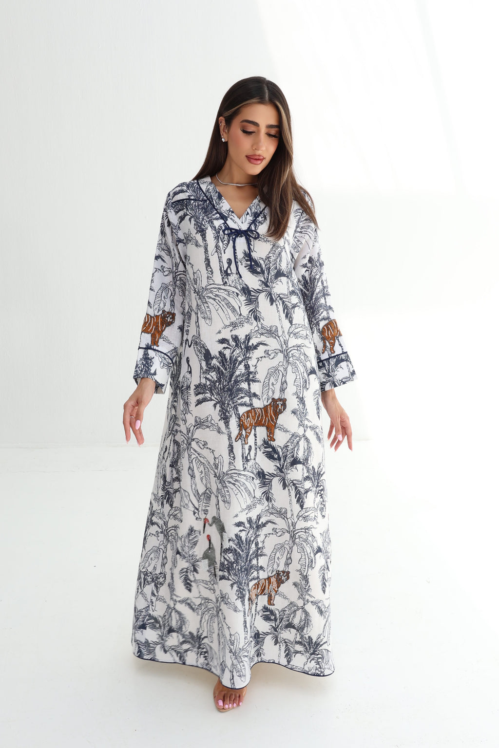 Barriya — L178 — Jungle Toile Print Linen Jalabiya with Embroidery