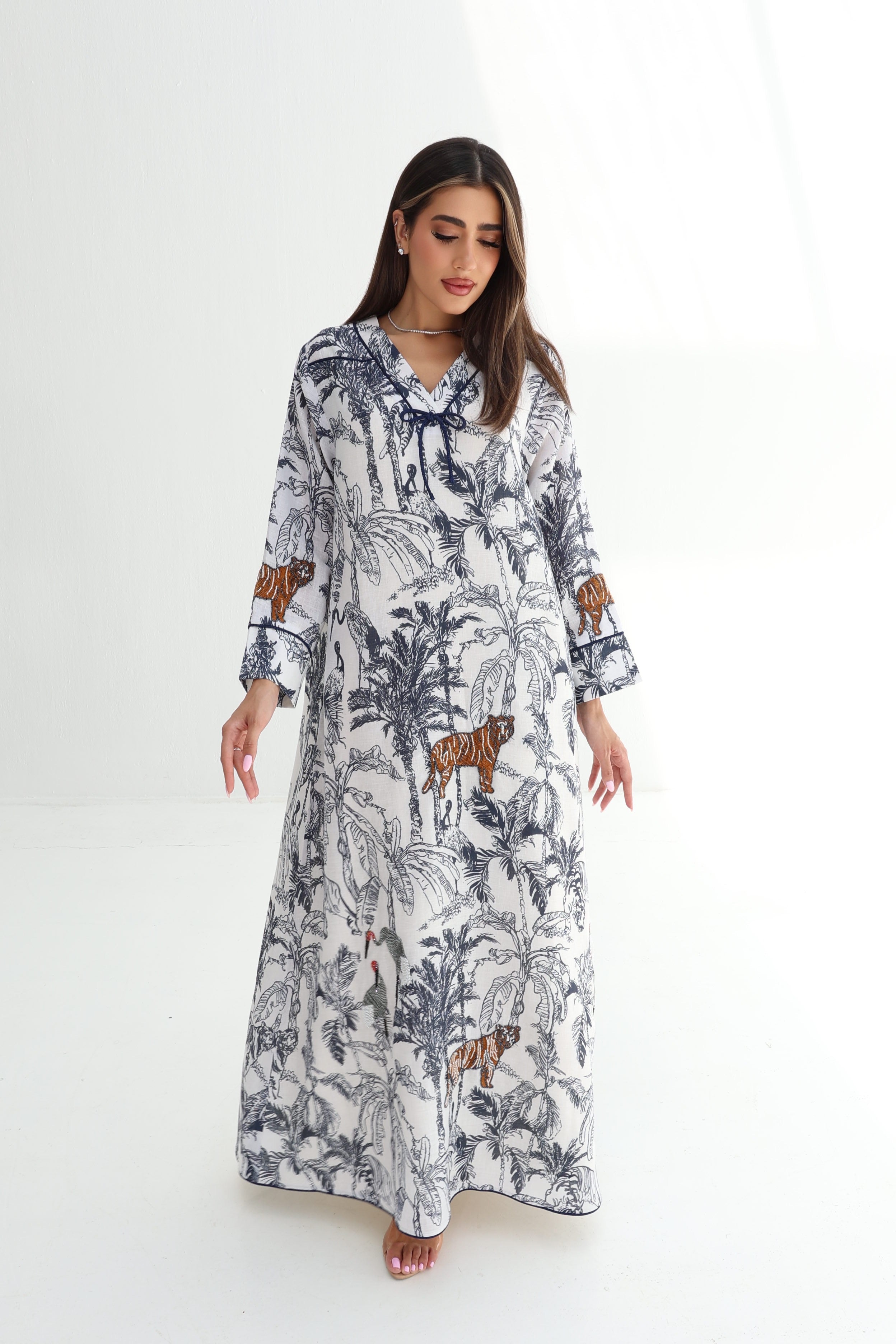 Barriya — L178 — Jungle Toile Print Linen Jalabiya with Embroidery