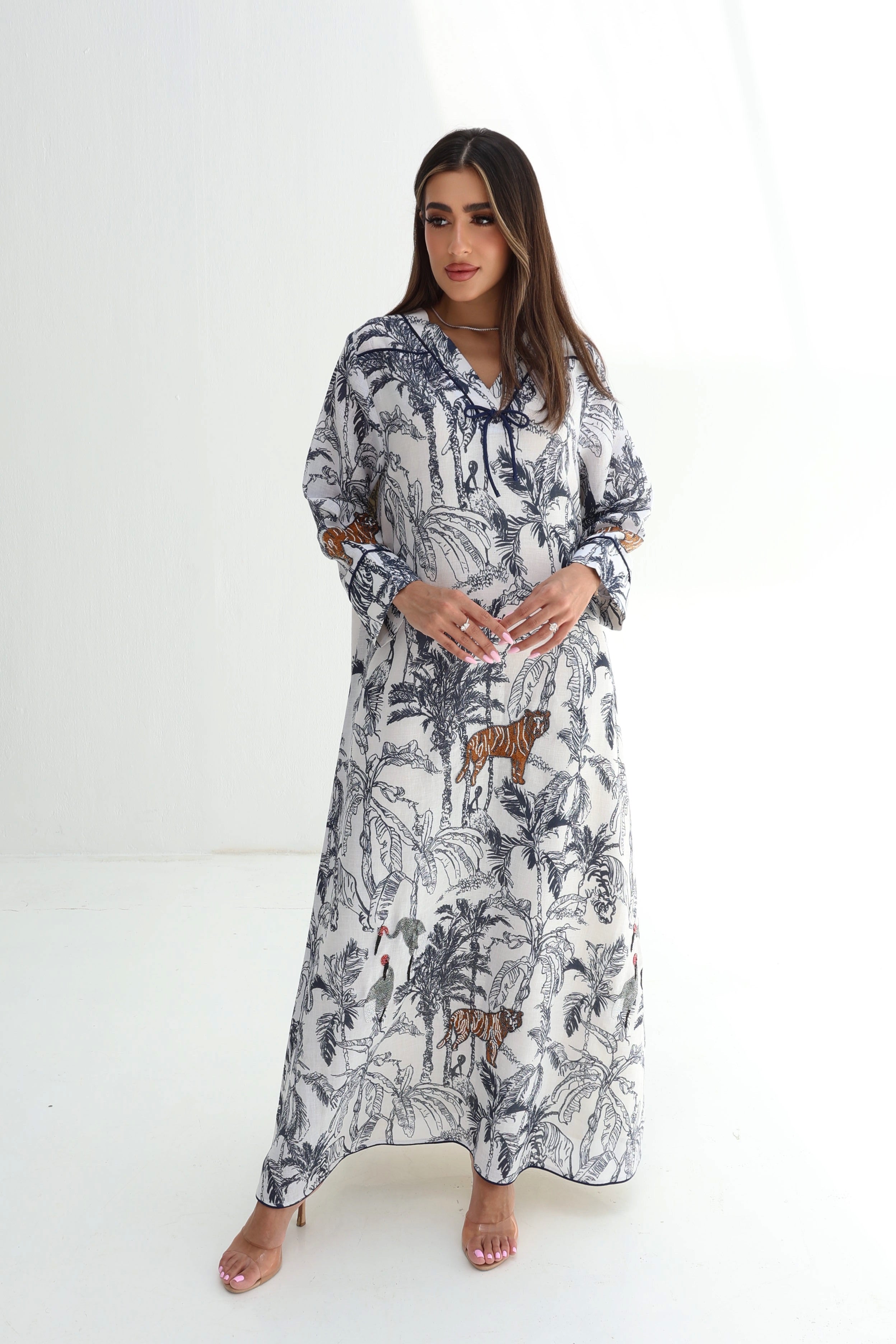 Barriya — L178 — Jungle Toile Print Linen Jalabiya with Embroidery