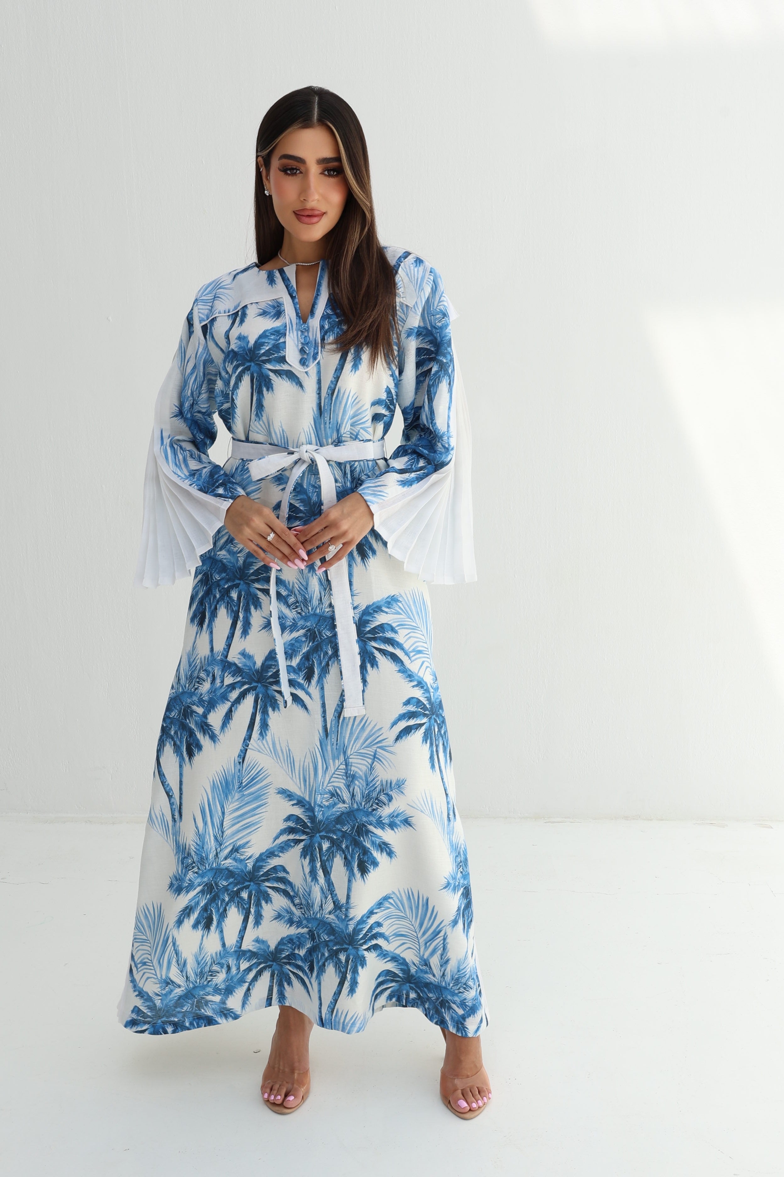Nakhl — L191 — Blue Palm Print Linen Jalabiya with Pleated Sleeves