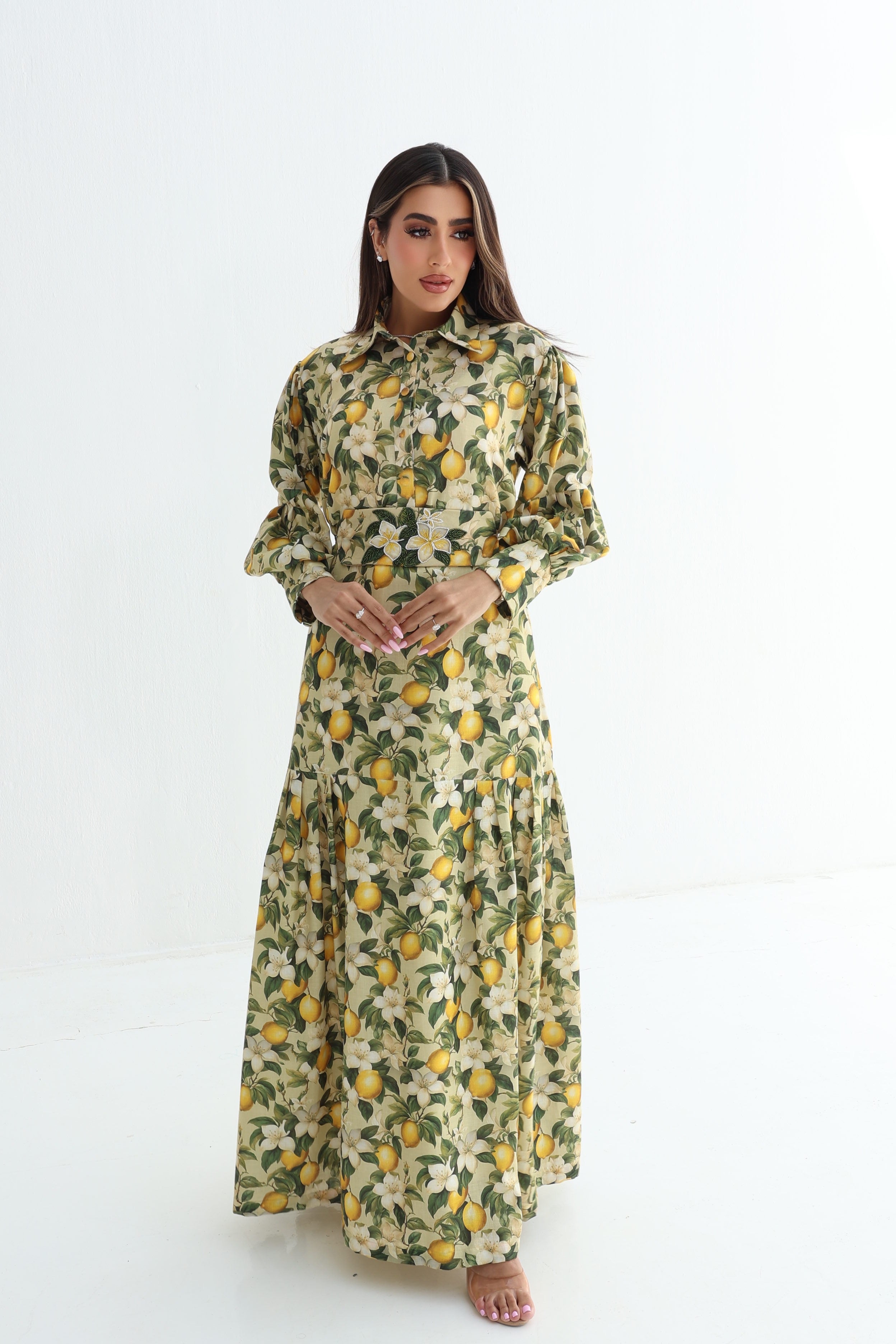 Laymoun — L180 — Lemon Blossom Print Linen Jalabiya with Embroidered Belt