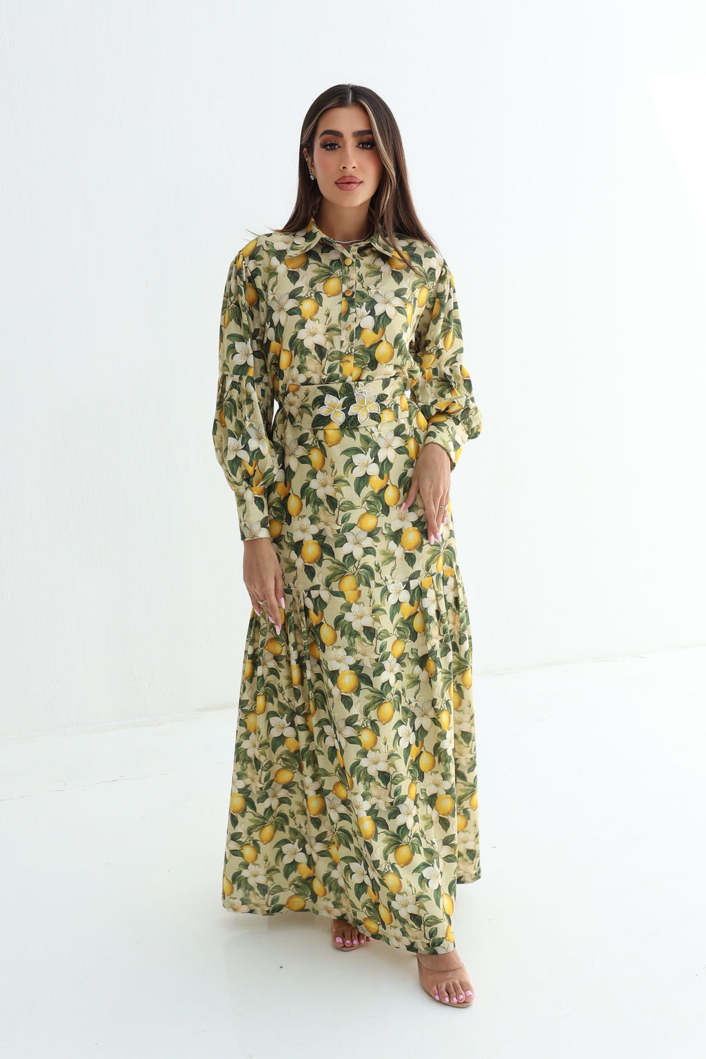 Laymoun — L180 — Lemon Blossom Print Linen Jalabiya with Embroidered Belt