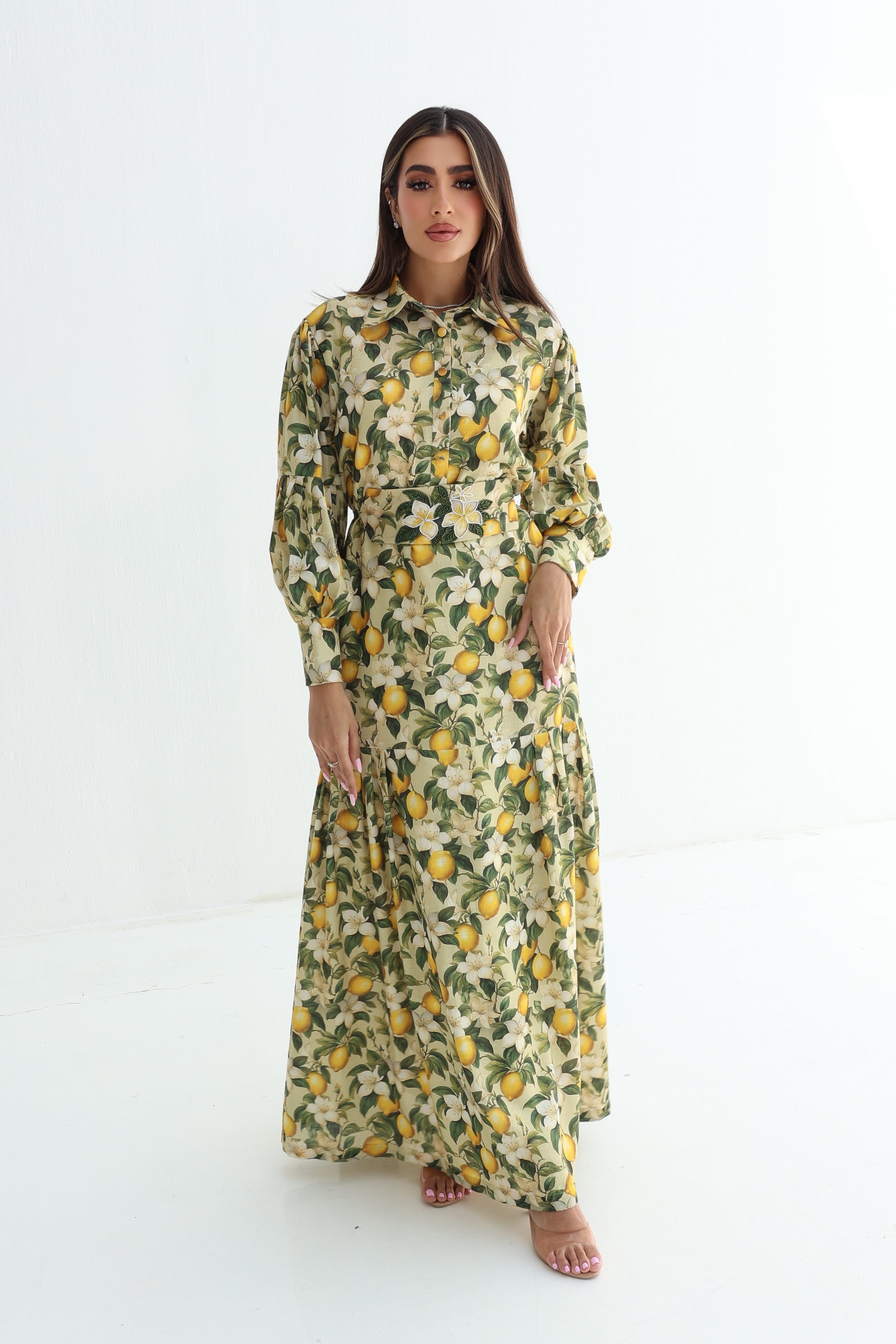 Laymoun — L180 — Lemon Blossom Print Linen Jalabiya with Embroidered Belt