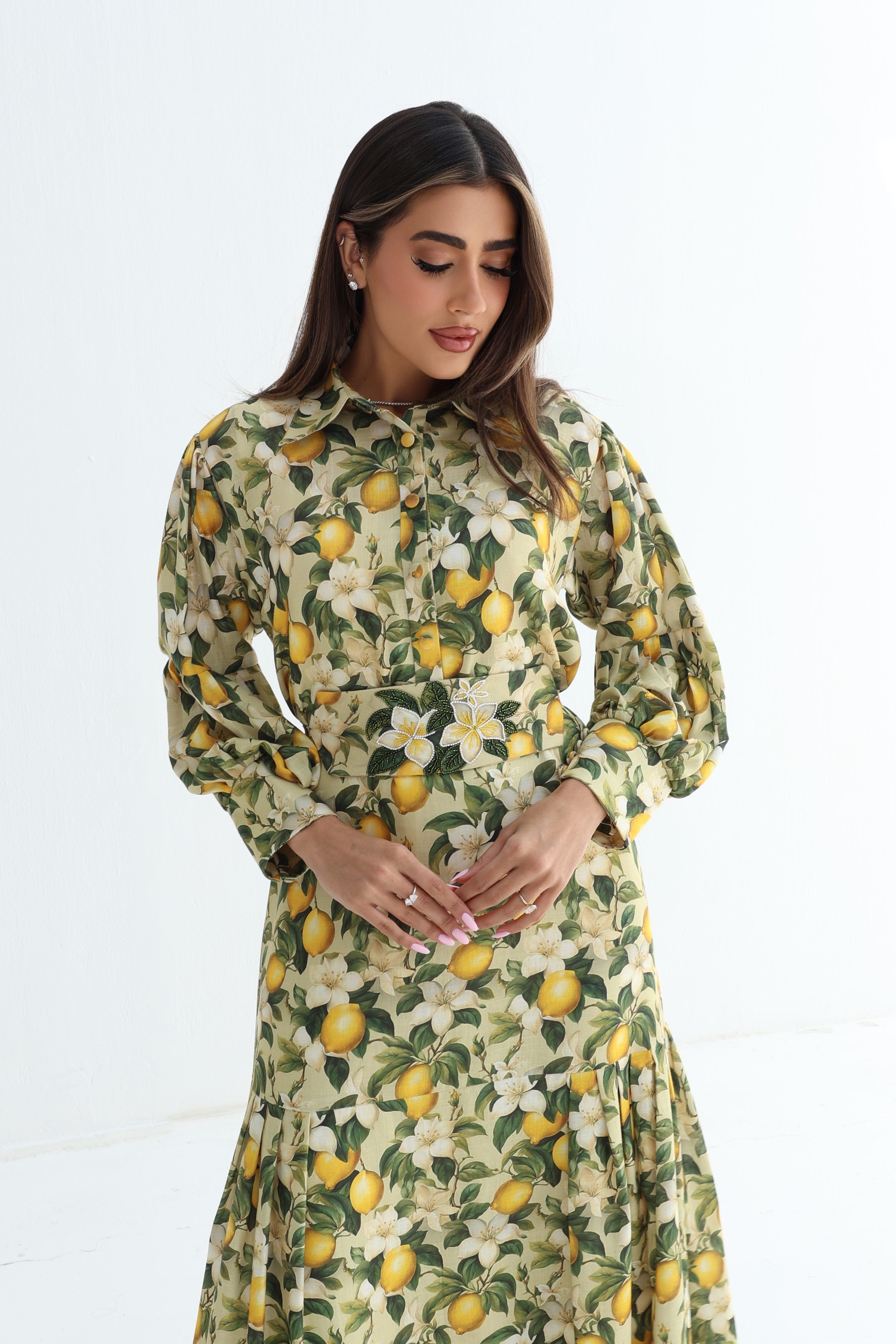 Laymoun — L180 — Lemon Blossom Print Linen Jalabiya with Embroidered Belt