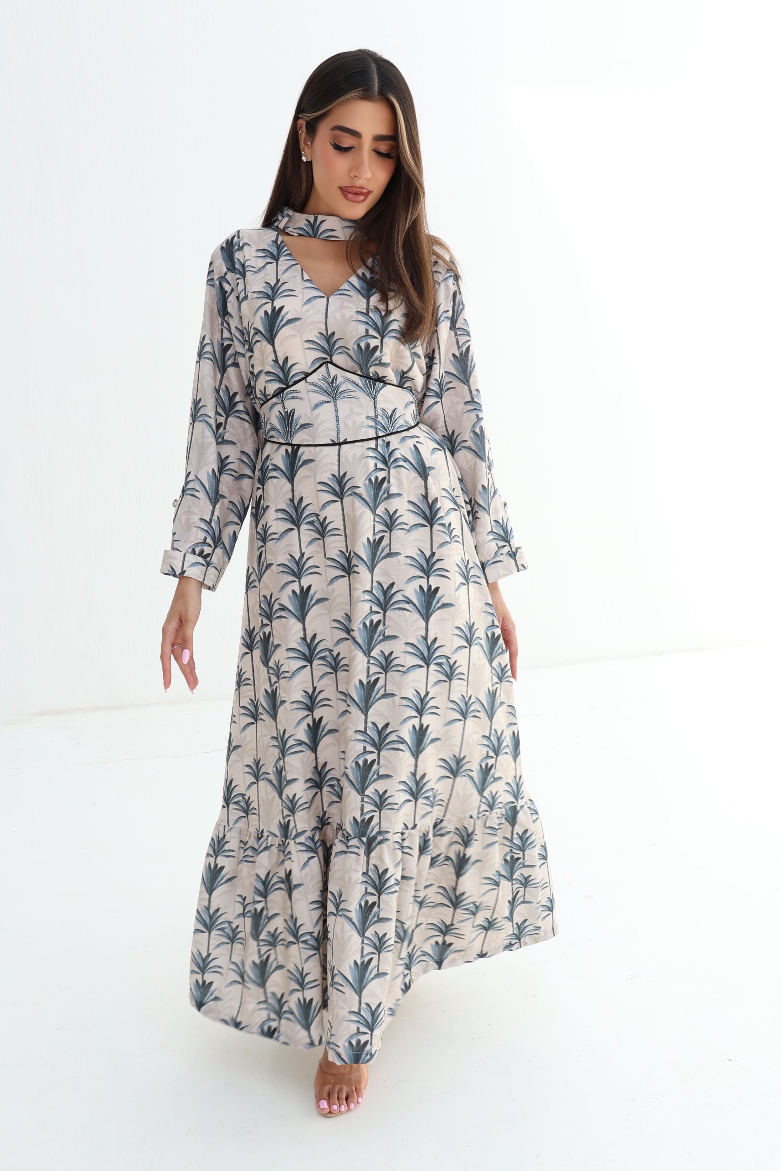 Nakheel — L198 — Palm Print Choker Corset Belted Linen Jalabiya