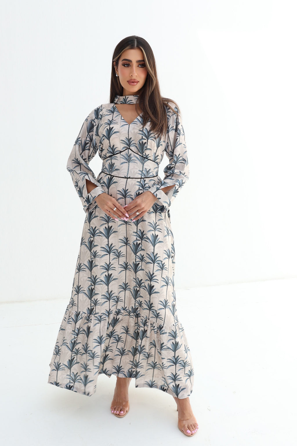 Nakheel — L198 — Palm Print Choker Corset Belted Linen Jalabiya