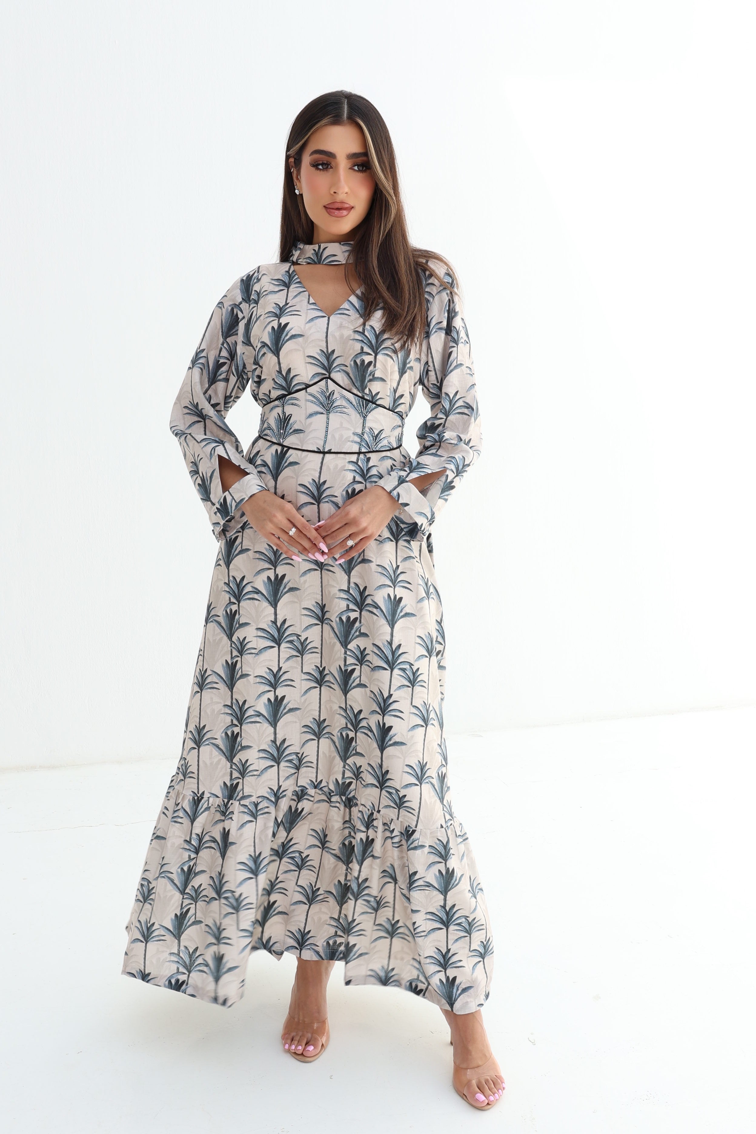 Nakheel — L198 — Palm Print Choker Corset Belted Linen Jalabiya