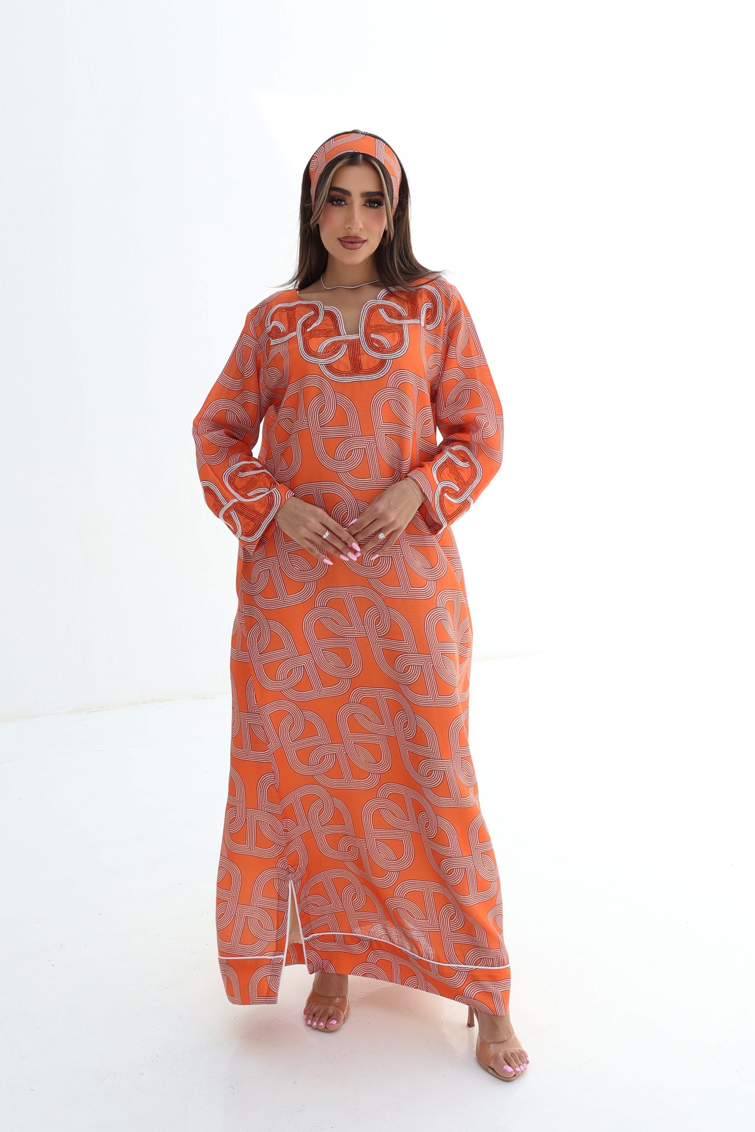 Wasla — L177 — Geometric Chain Print Linen Jalabiya with Embroidery