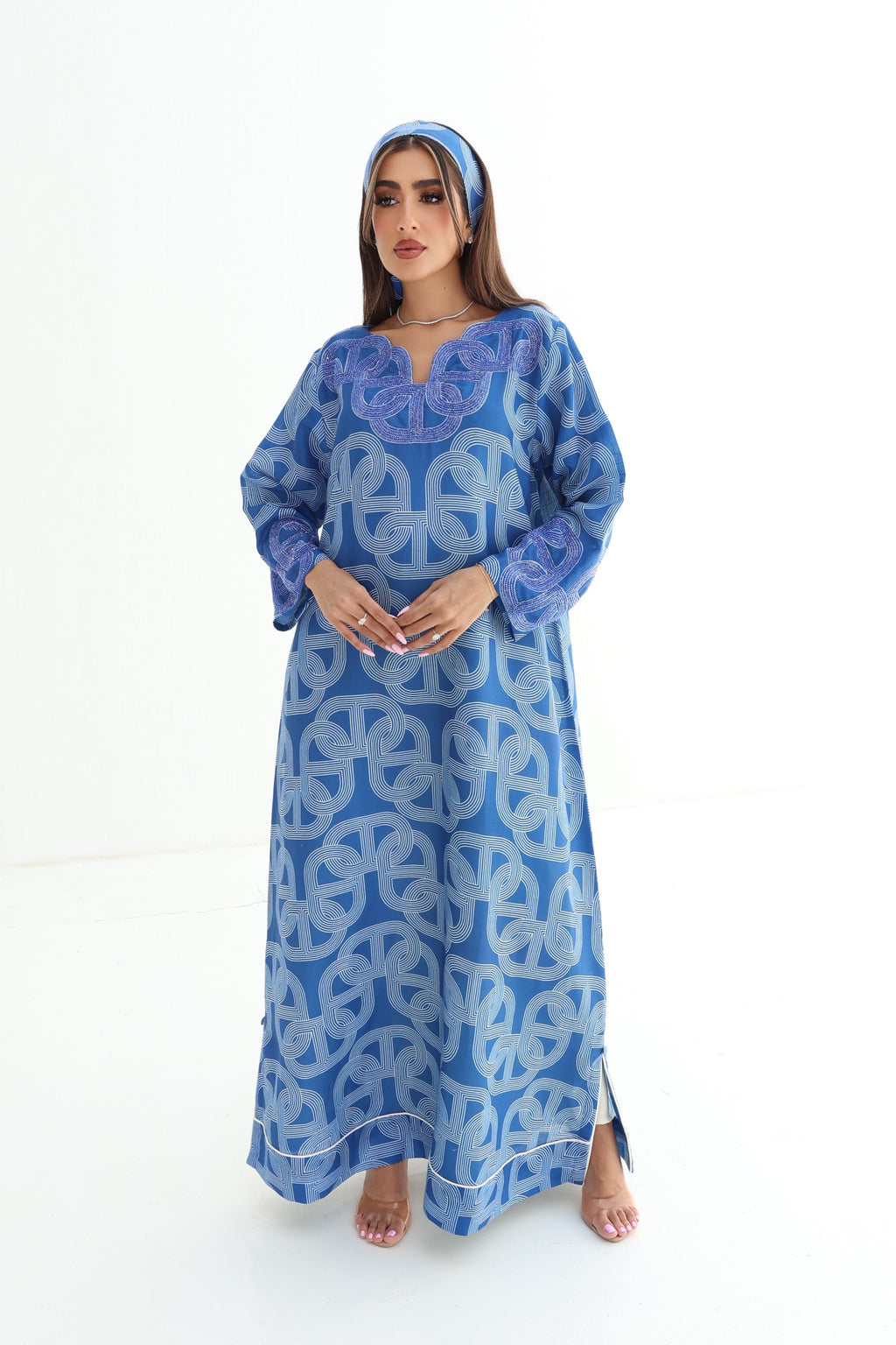 Wasla — L177 — Geometric Chain Print Linen Jalabiya with Embroidery