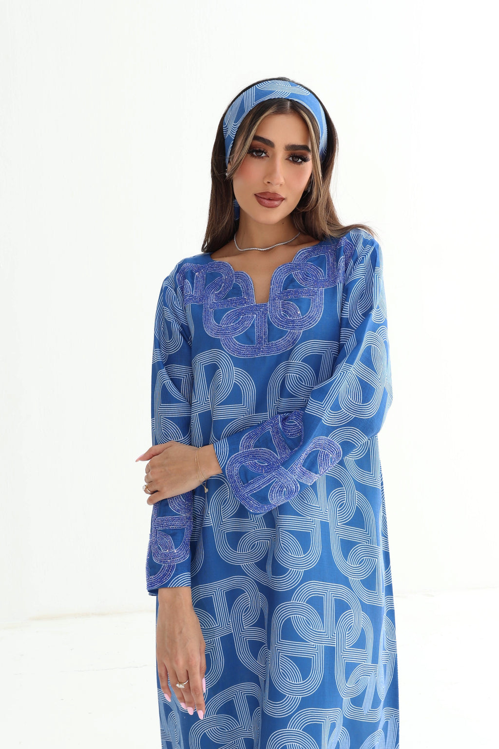 Wasla — L177 — Geometric Chain Print Linen Jalabiya with Embroidery