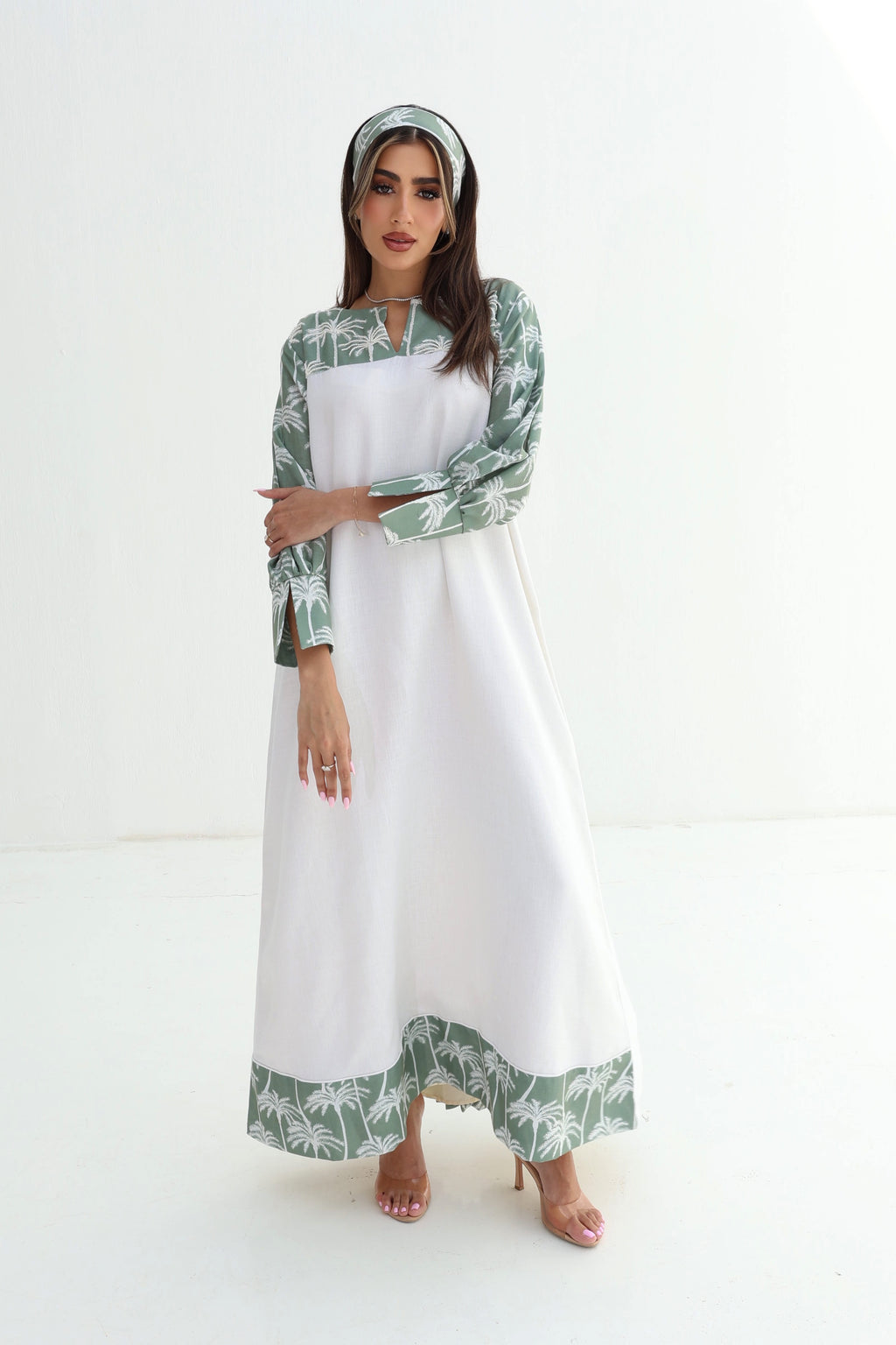 Nawras — L185 — Two-Tone Palm Print Linen Jalabiya