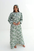 Zill — L186 — Sage Palm Print Linen Jalabiya with Embroidery