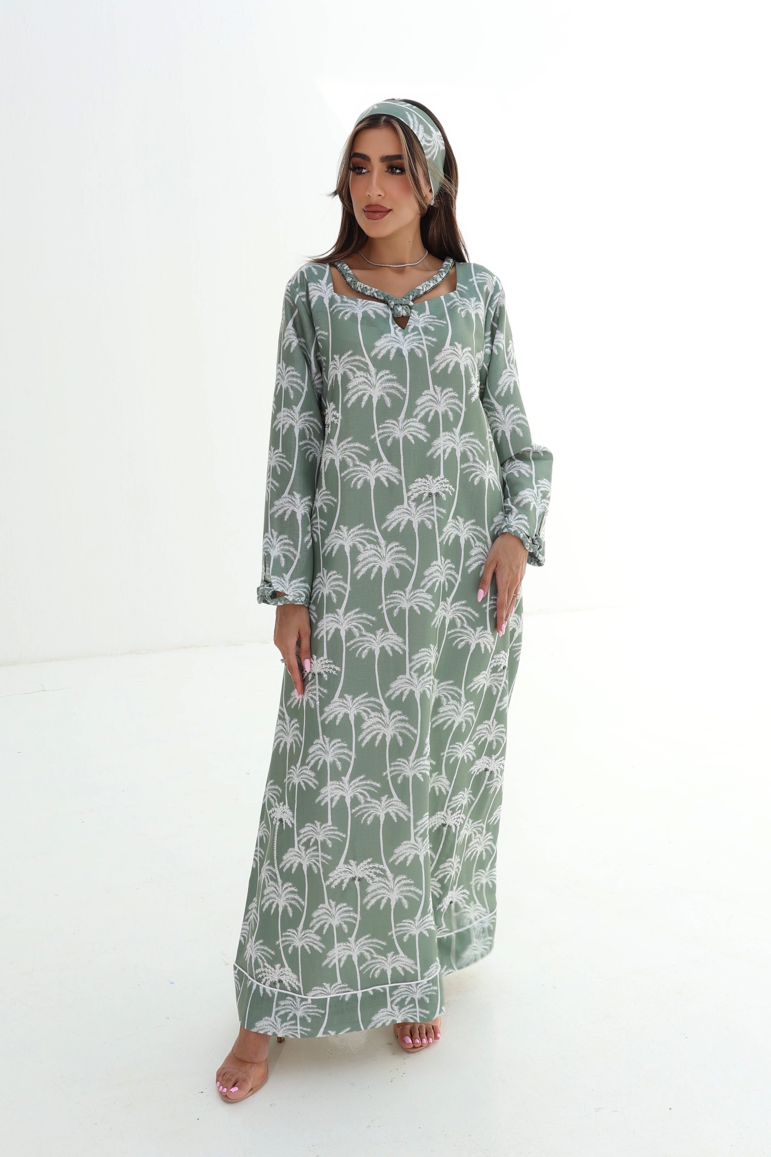 Safa — L174 — Sage Palm Print Linen Jalabiya with Embroidery
