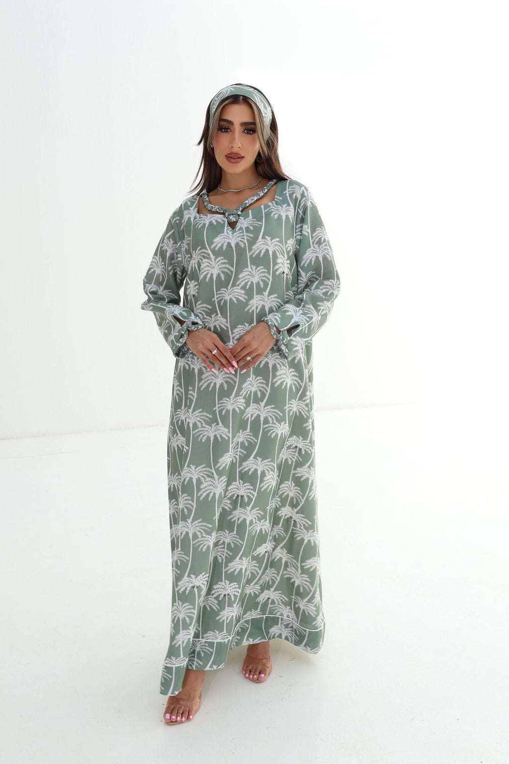 Safa — L174 — Sage Palm Print Linen Jalabiya with Embroidery