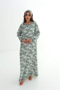 Safa — L174 — Sage Palm Print Linen Jalabiya with Embroidery