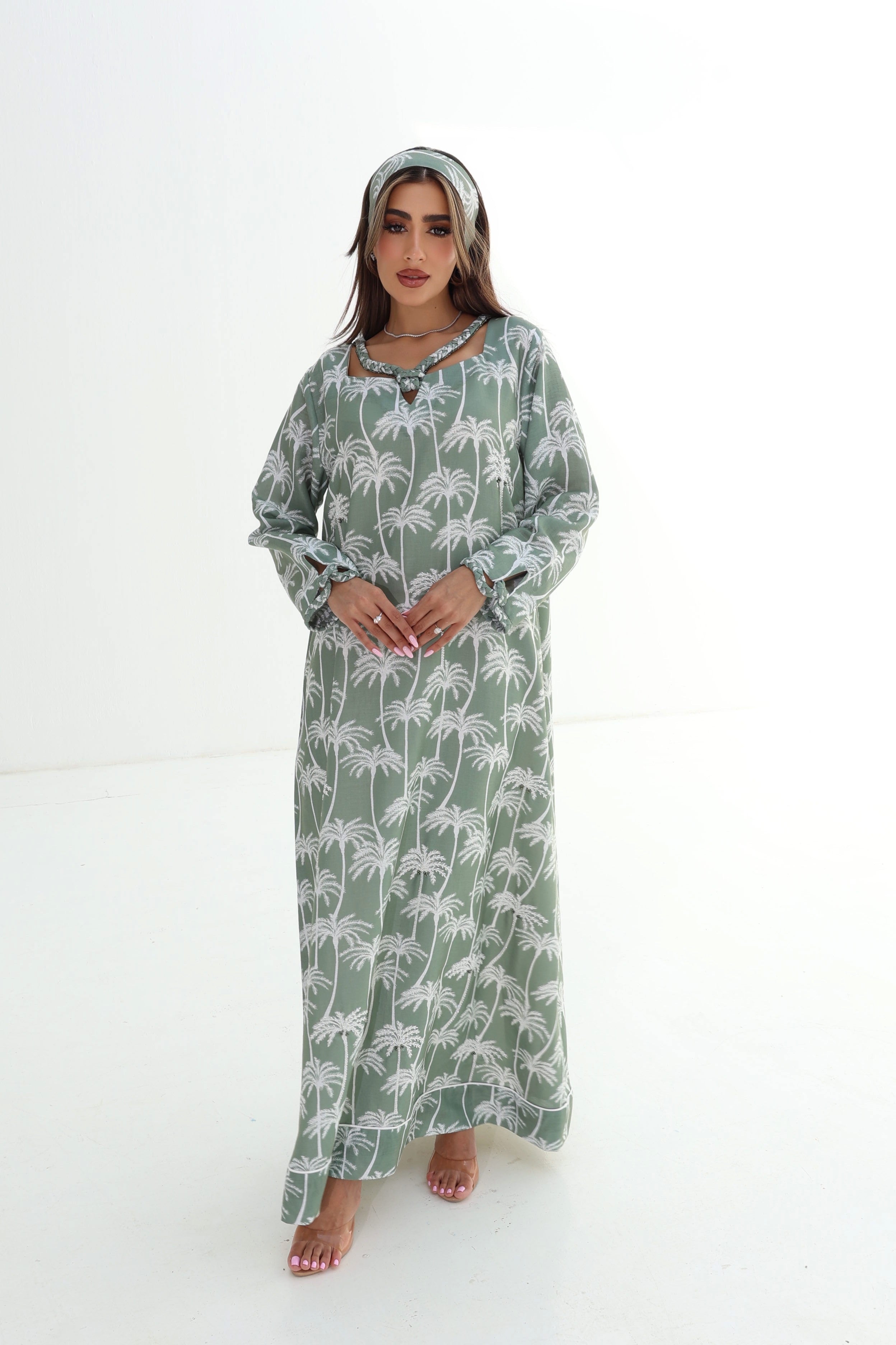 Safa — L174 — Sage Palm Print Linen Jalabiya with Embroidery