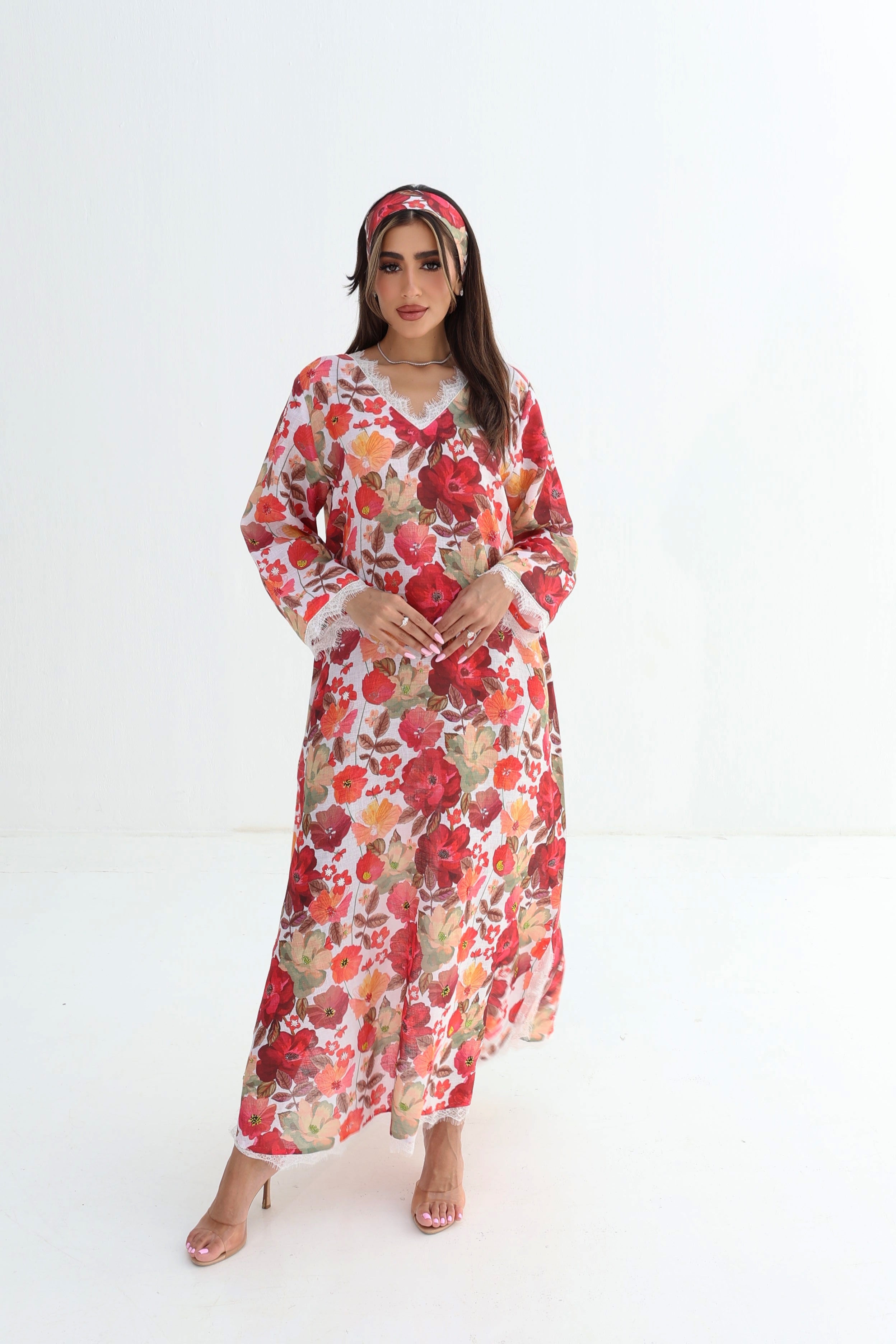 Wardiya — L187 — Watercolour Floral Print Linen Jalabiya with Embroidery