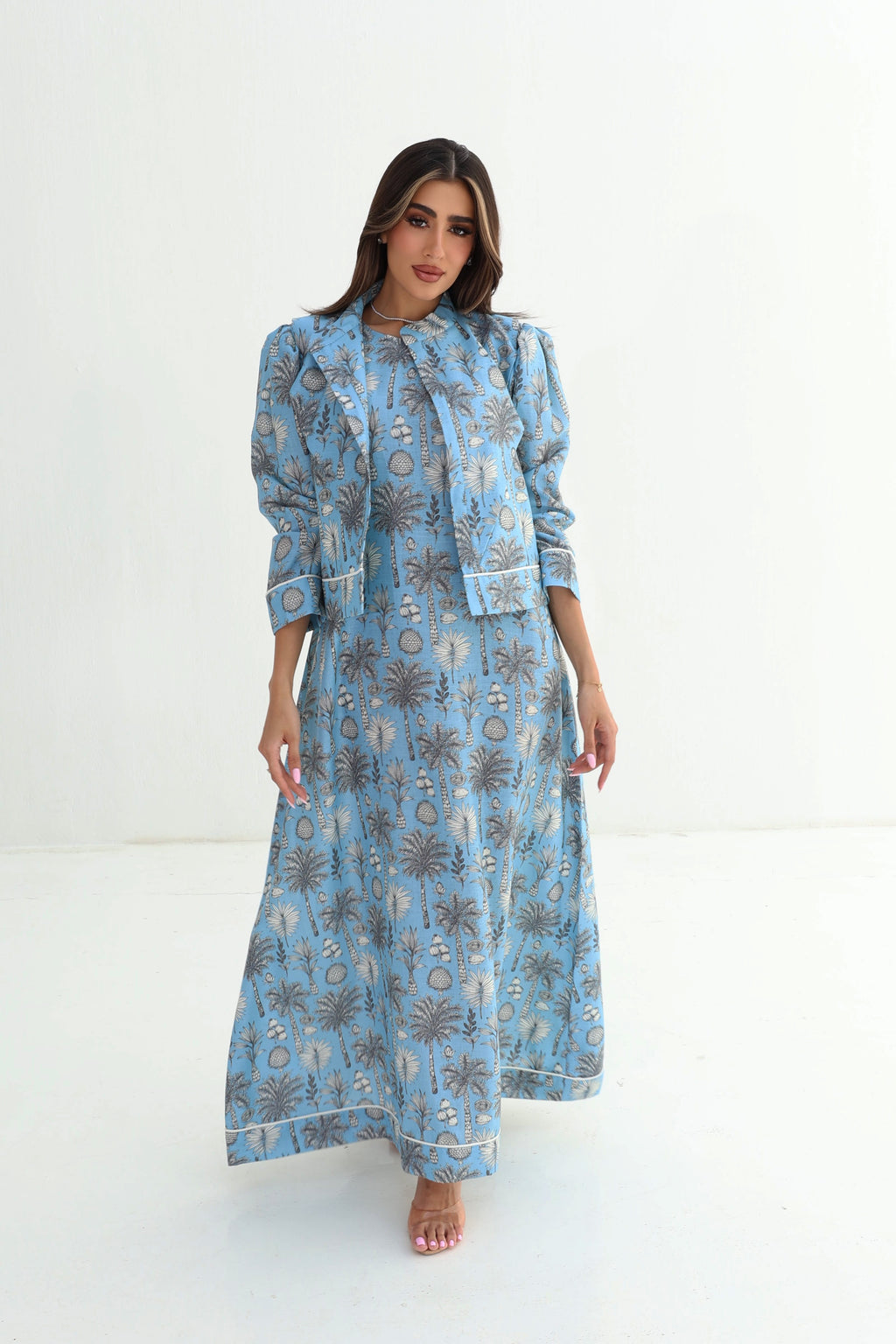 Nada — L176 — Blue Botanical Print Linen Jalabiya & Jacket Set