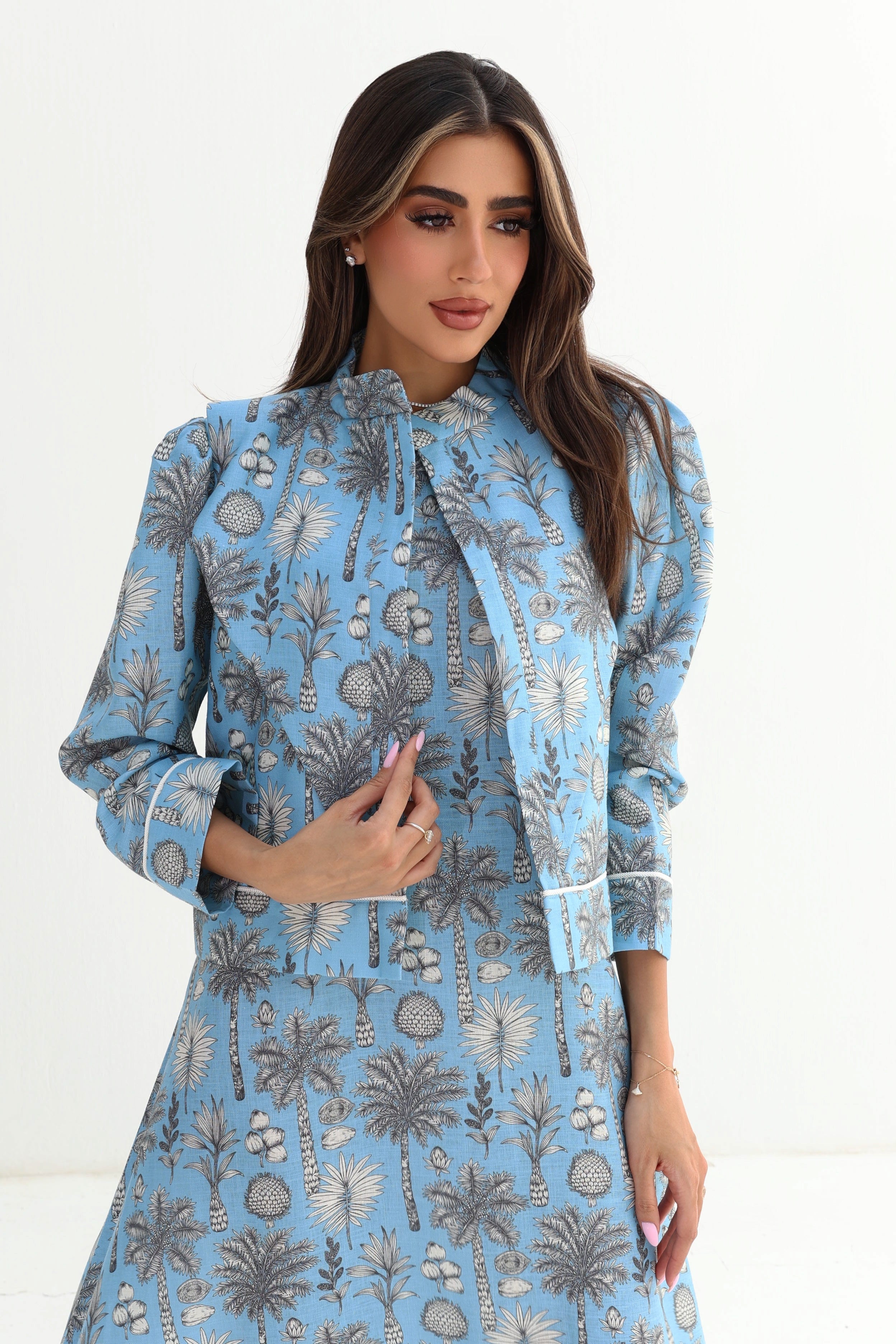 Nada — L176 — Blue Botanical Print Linen Jalabiya & Jacket Set
