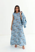 Nada — L176 — Blue Botanical Print Linen Jalabiya & Jacket Set