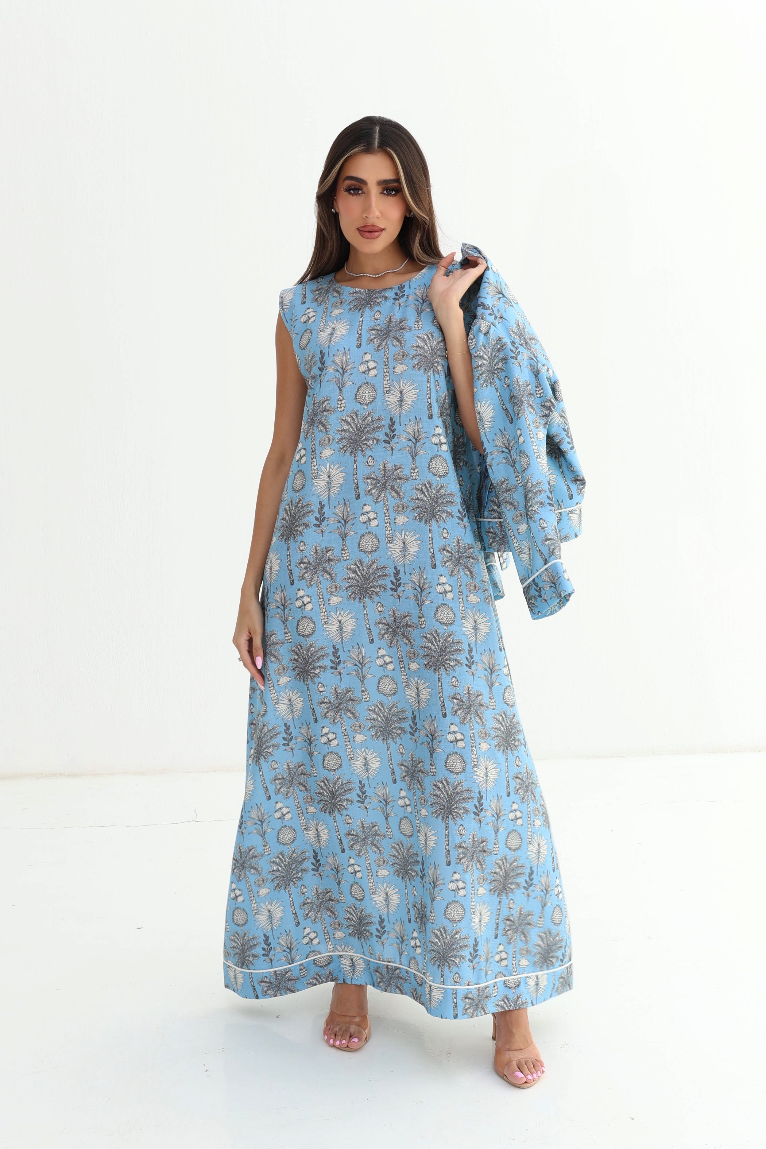 Nada — L176 — Blue Botanical Print Linen Jalabiya & Jacket Set