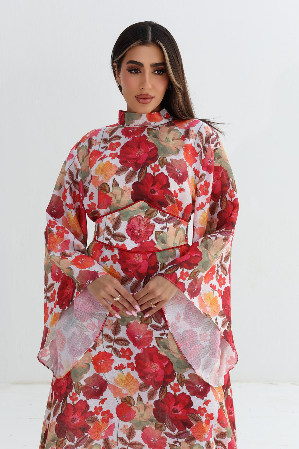Wardah — L199 — Red Rose Watercolour Choker Corset Belted Linen Jalabiya