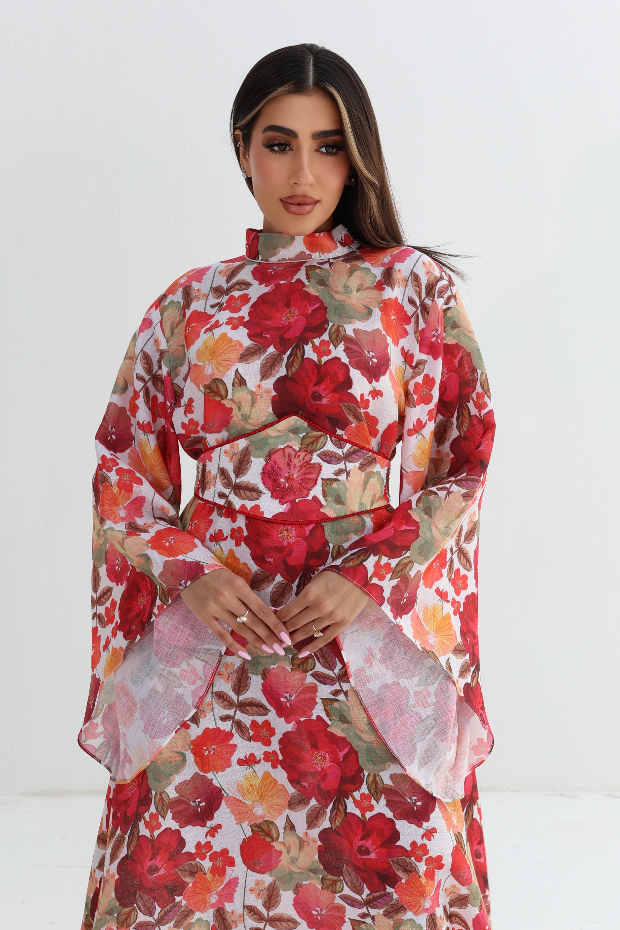 Wardah — L199 — Red Rose Watercolour Choker Corset Belted Linen Jalabiya