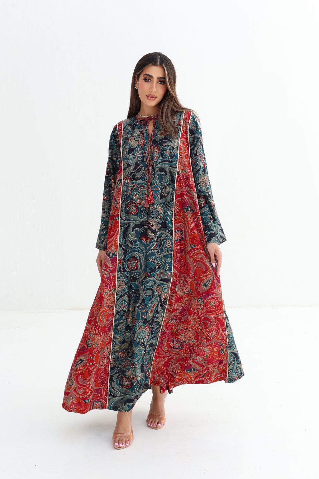 Zahra — C01 — Teal & Crimson Paisley Baroque Tassel Neck Cotton Jalabiya