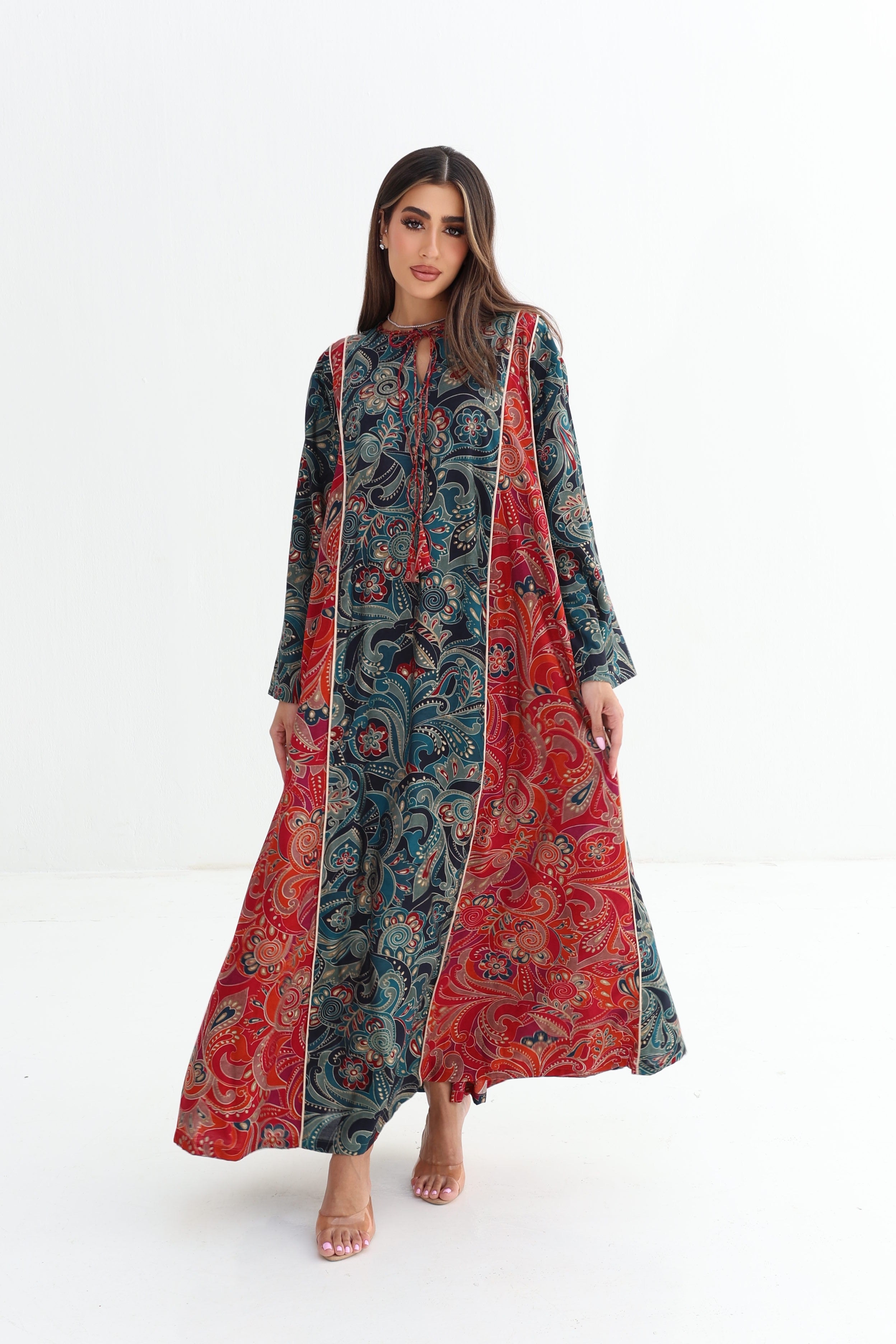 Zahra — C01 — Teal & Crimson Paisley Baroque Tassel Neck Cotton Jalabiya