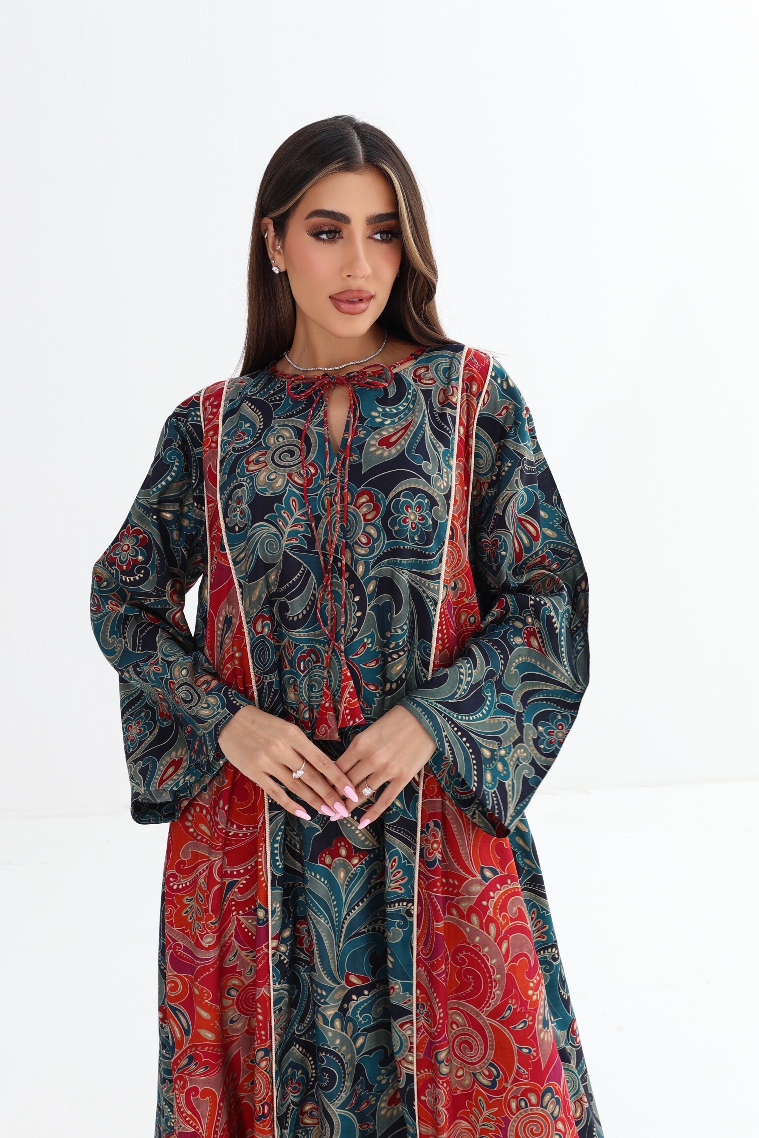 Zahra — C01 — Teal & Crimson Paisley Baroque Tassel Neck Cotton Jalabiya