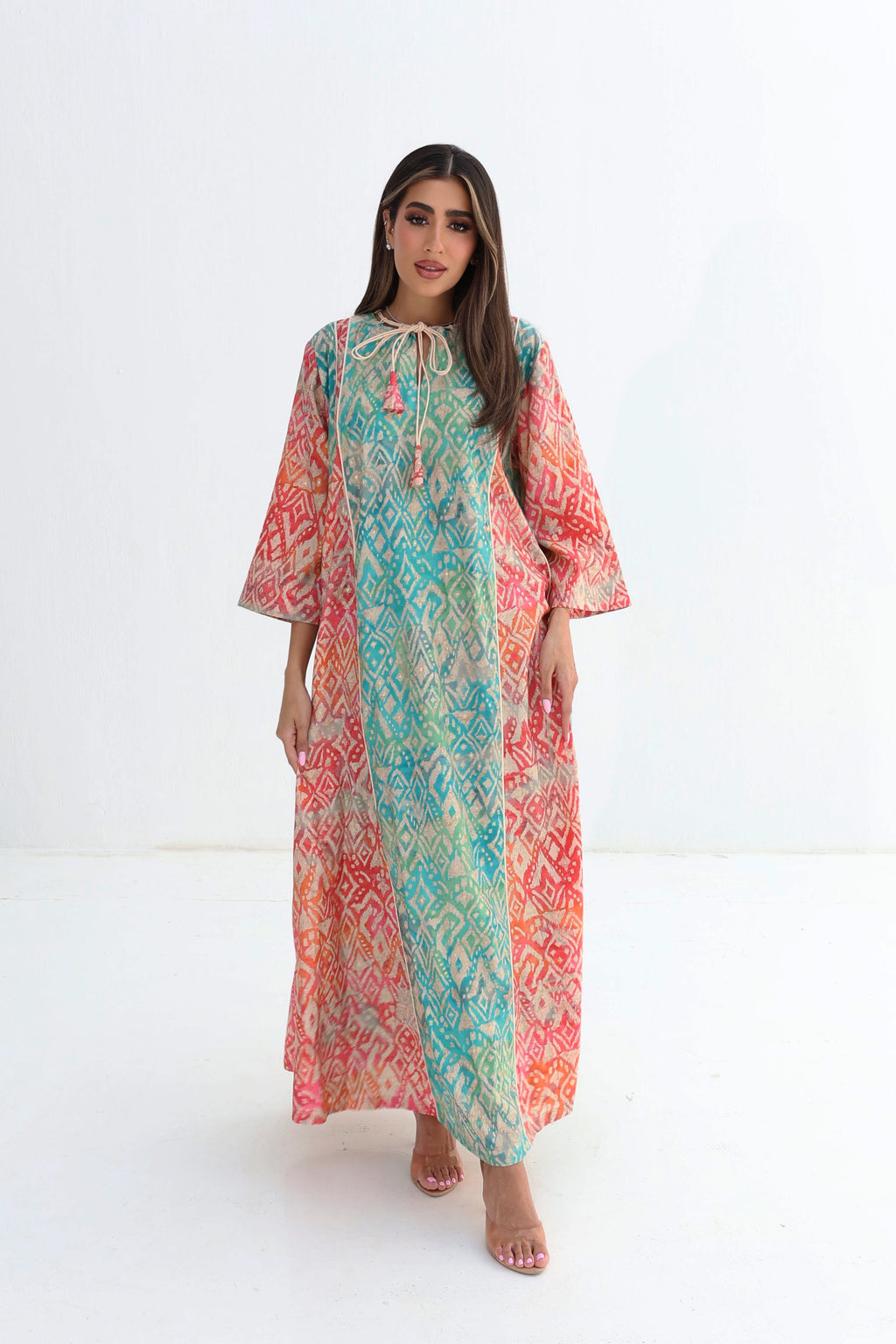 Qaws — C02 — Multicolour Ikat Geometric Tassel Neck Cotton Jalabiya