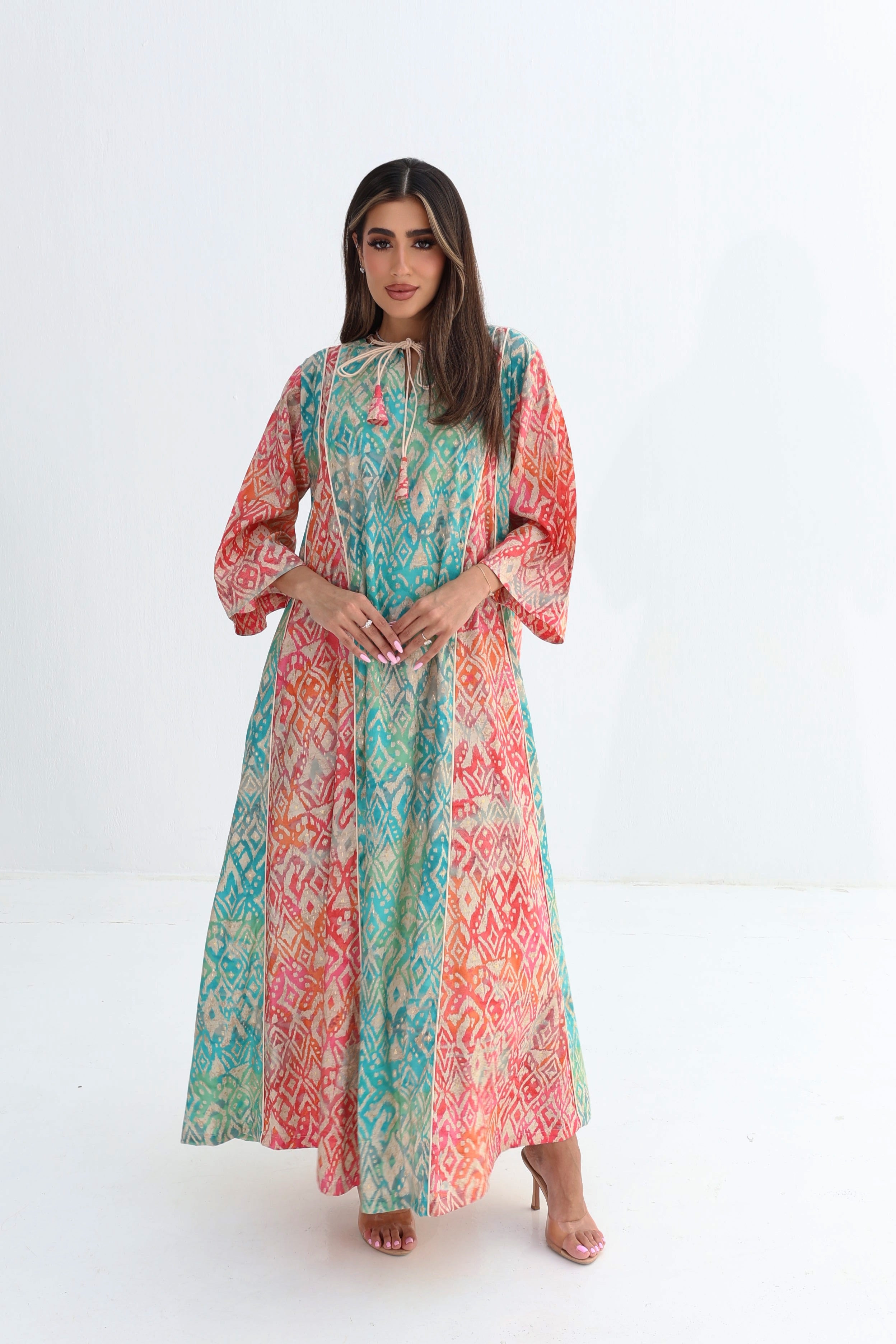 Qaws — C02 — Multicolour Ikat Geometric Tassel Neck Cotton Jalabiya