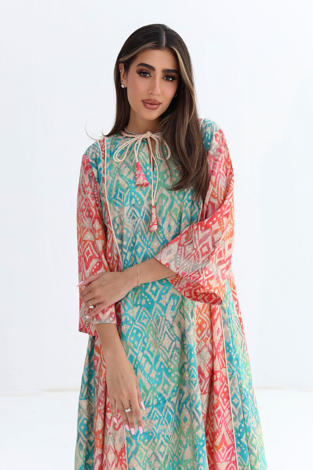 Qaws — C02 — Multicolour Ikat Geometric Tassel Neck Cotton Jalabiya