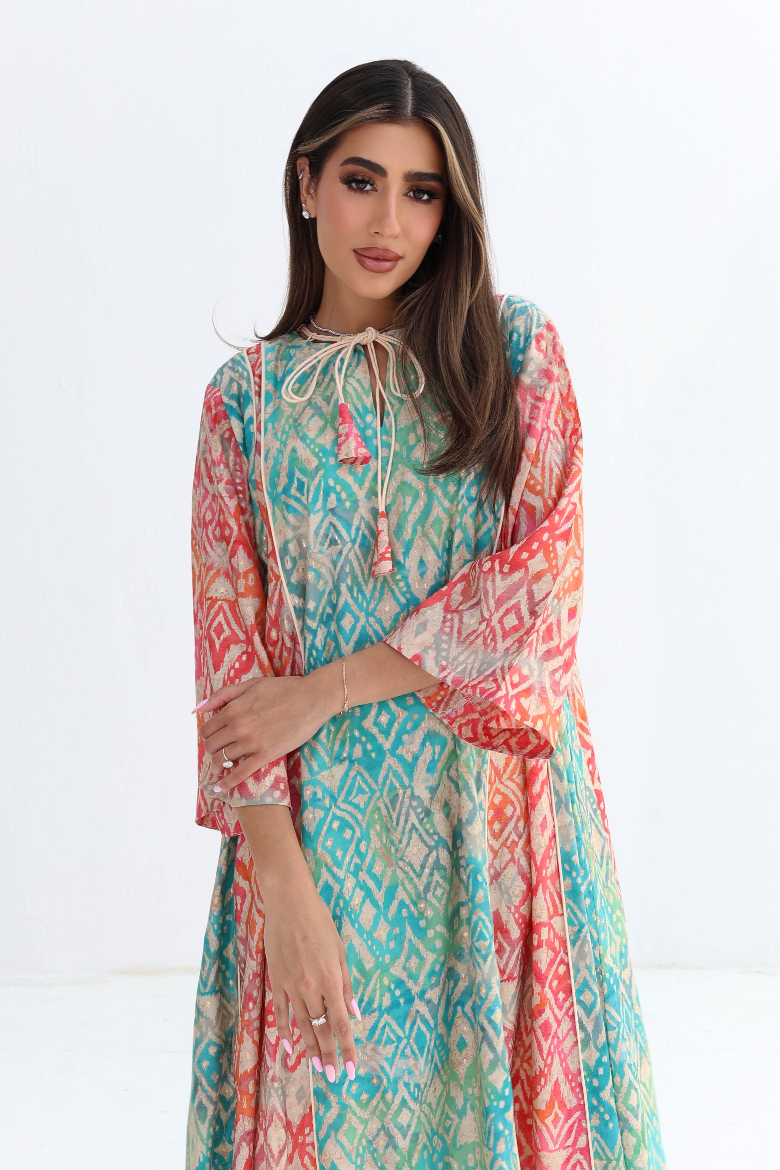 Qaws — C02 — Multicolour Ikat Geometric Tassel Neck Cotton Jalabiya