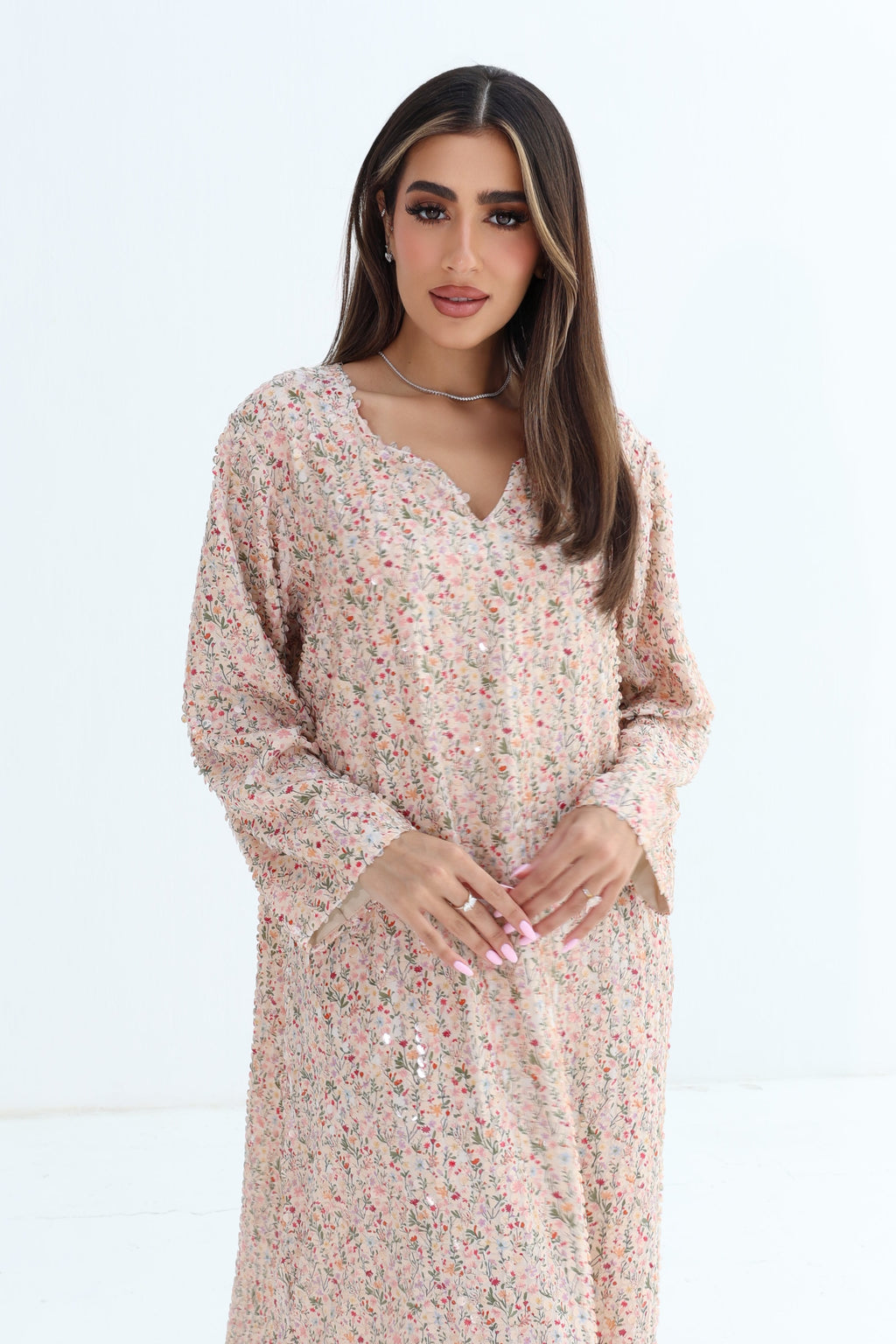 Naseem — Sequence— Blush Floral Sequin Scallop Neck Chiffon Jalabiya