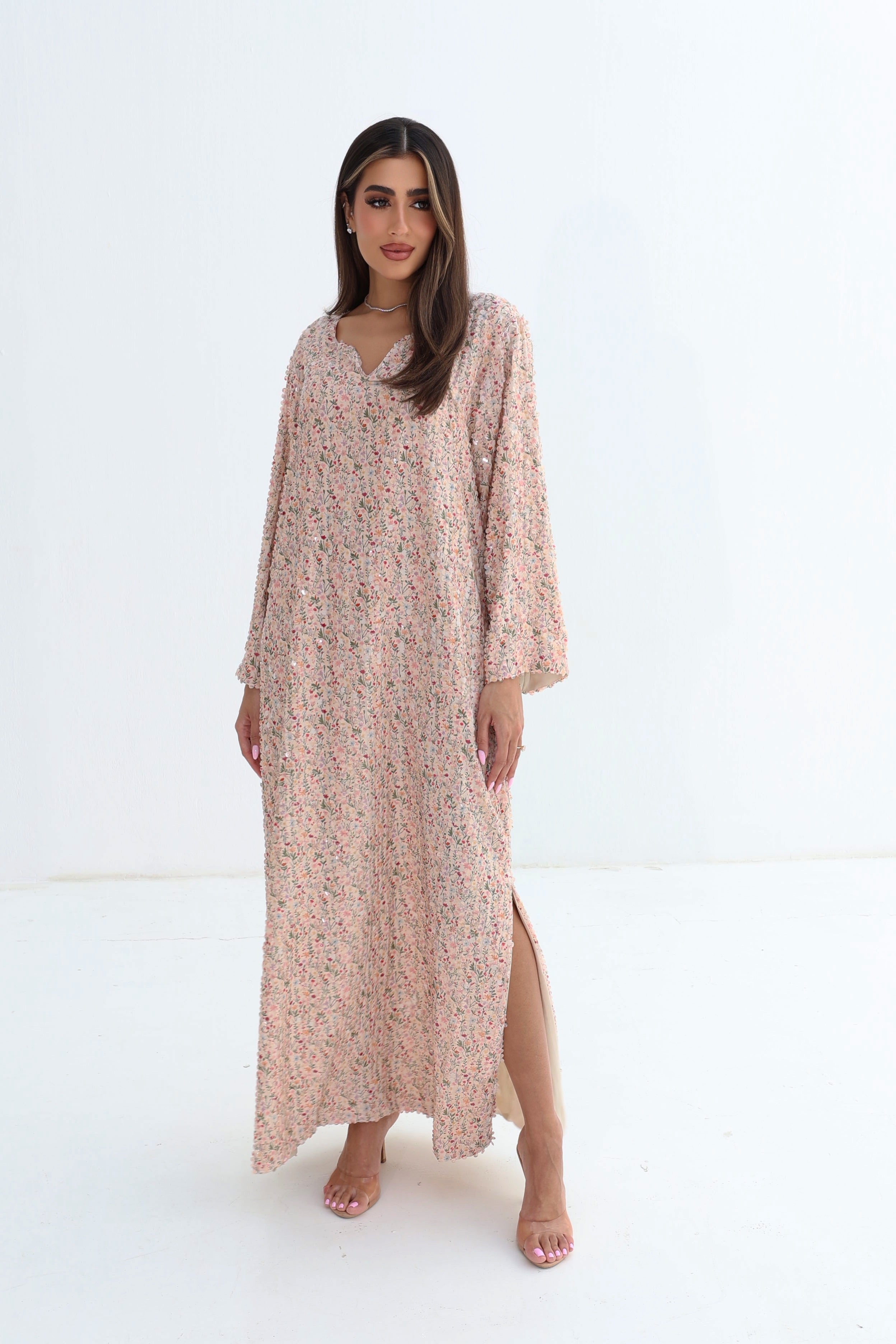 Naseem — Sequence— Blush Floral Sequin Scallop Neck Chiffon Jalabiya
