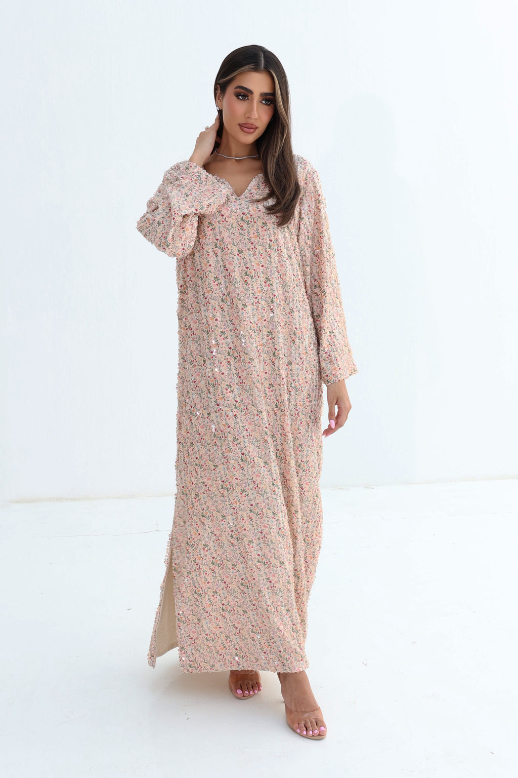 Naseem — Sequence— Blush Floral Sequin Scallop Neck Chiffon Jalabiya