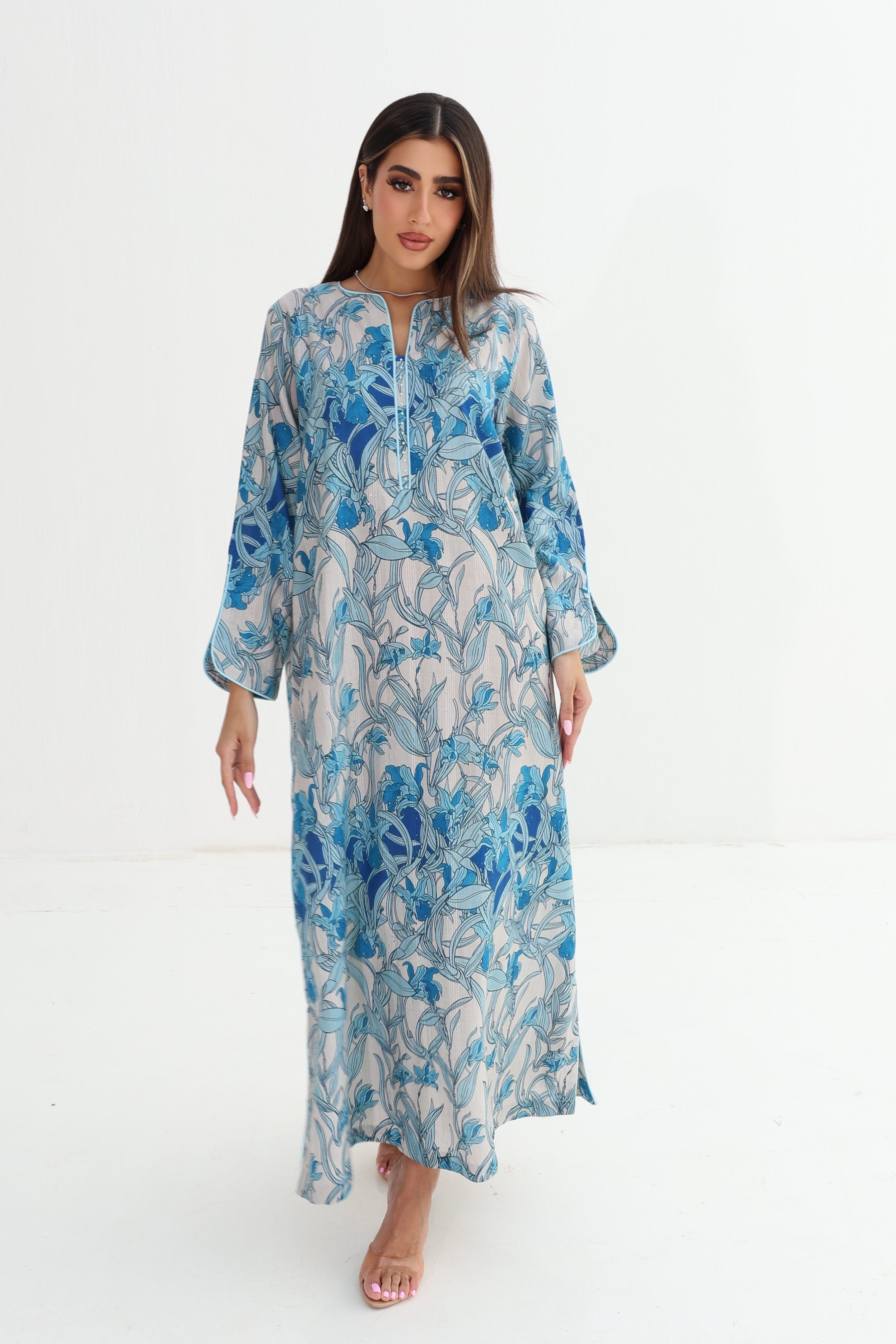 Sawsan — C10 — Blue Iris Art Nouveau Botanical Batwing Cotton Jalabiya