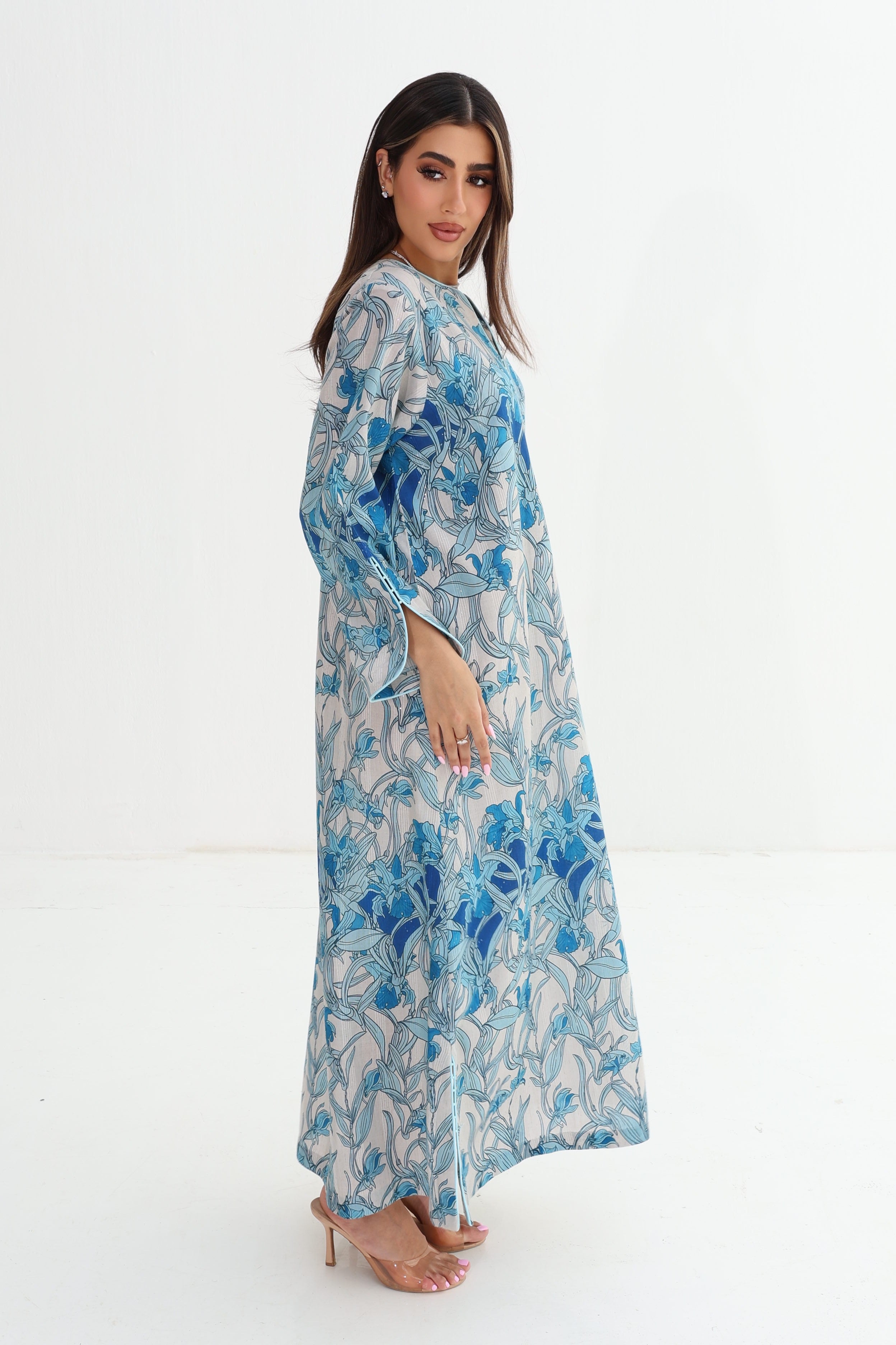 Sawsan — C10 — Blue Iris Art Nouveau Botanical Batwing Cotton Jalabiya