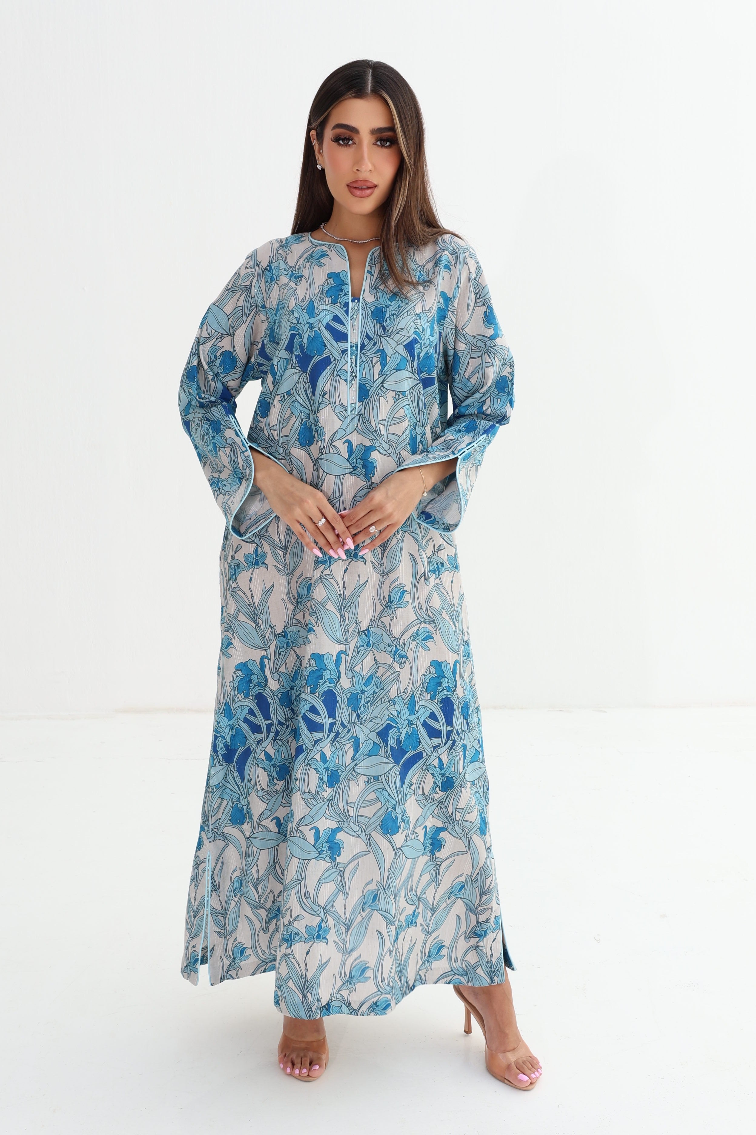 Sawsan — C10 — Blue Iris Art Nouveau Botanical Batwing Cotton Jalabiya