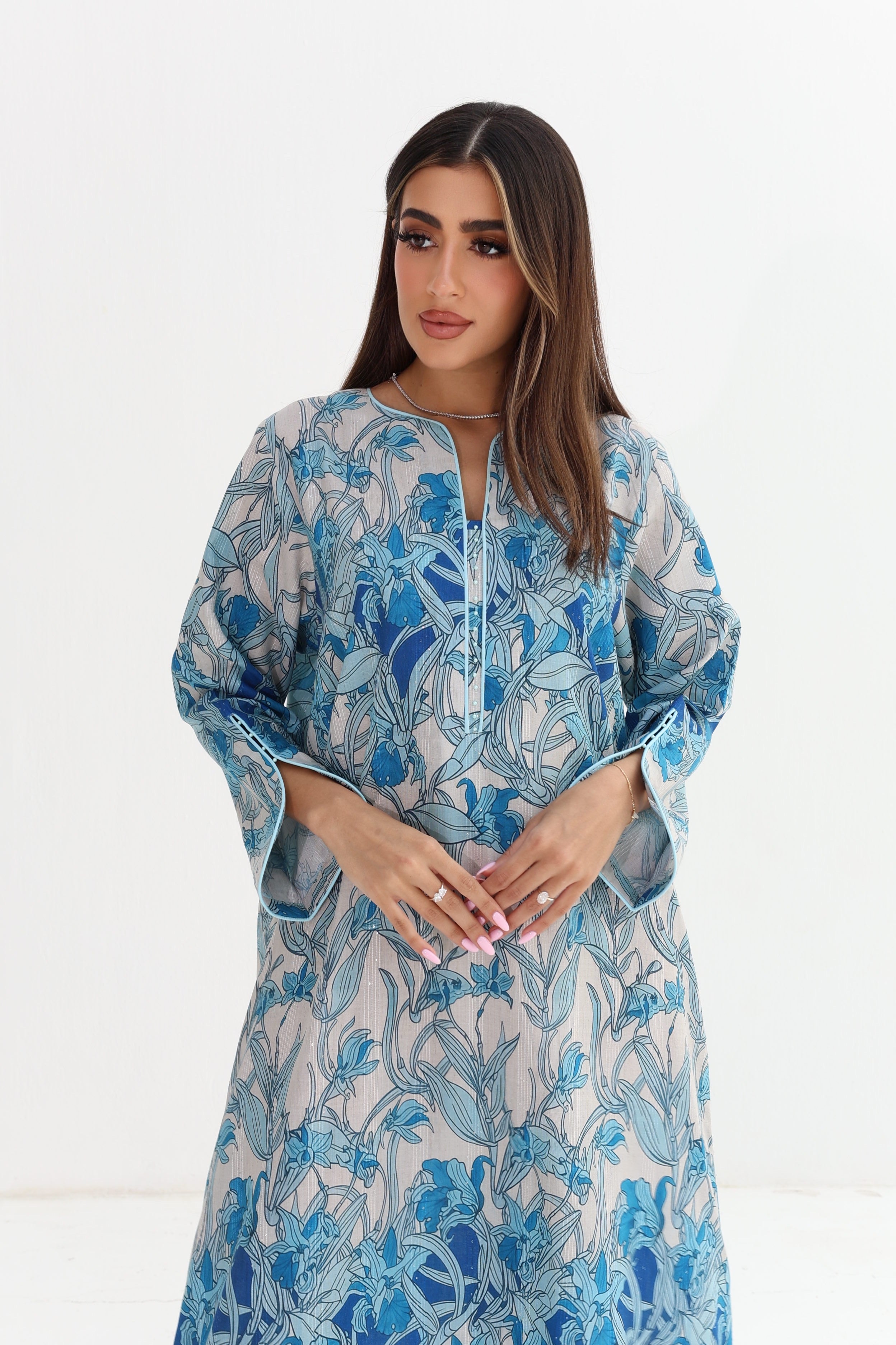 Sawsan — C10 — Blue Iris Art Nouveau Botanical Batwing Cotton Jalabiya