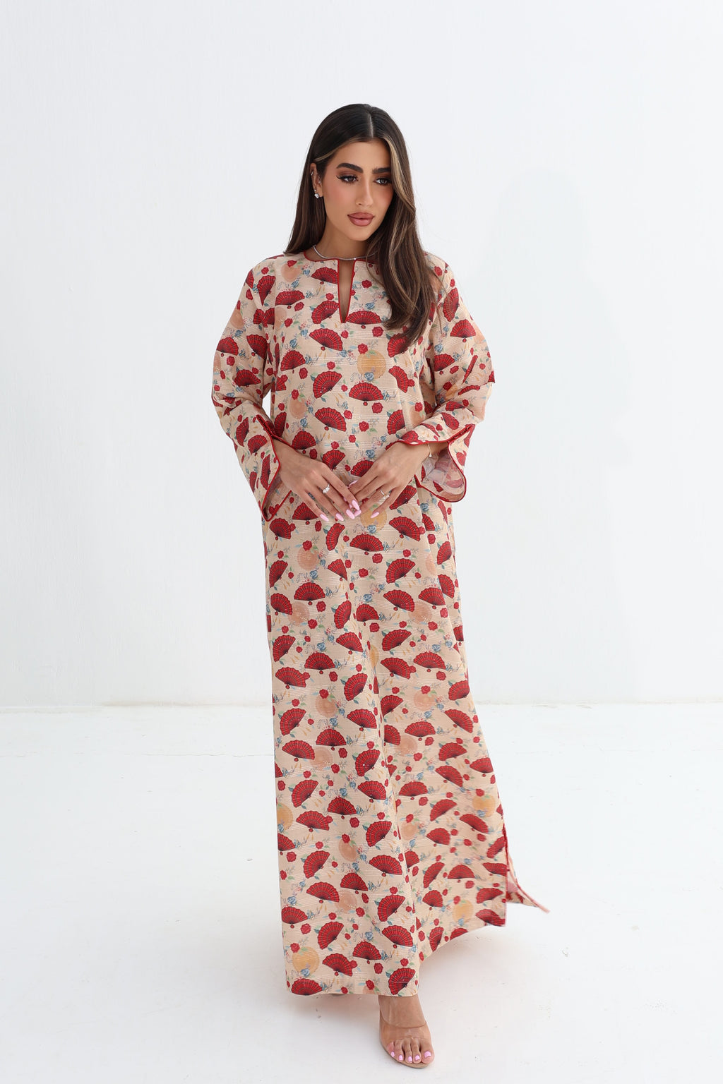 Mirwaha — C14 — Sand Japanese Fan & Rose Print Batwing Cotton Jalabiya