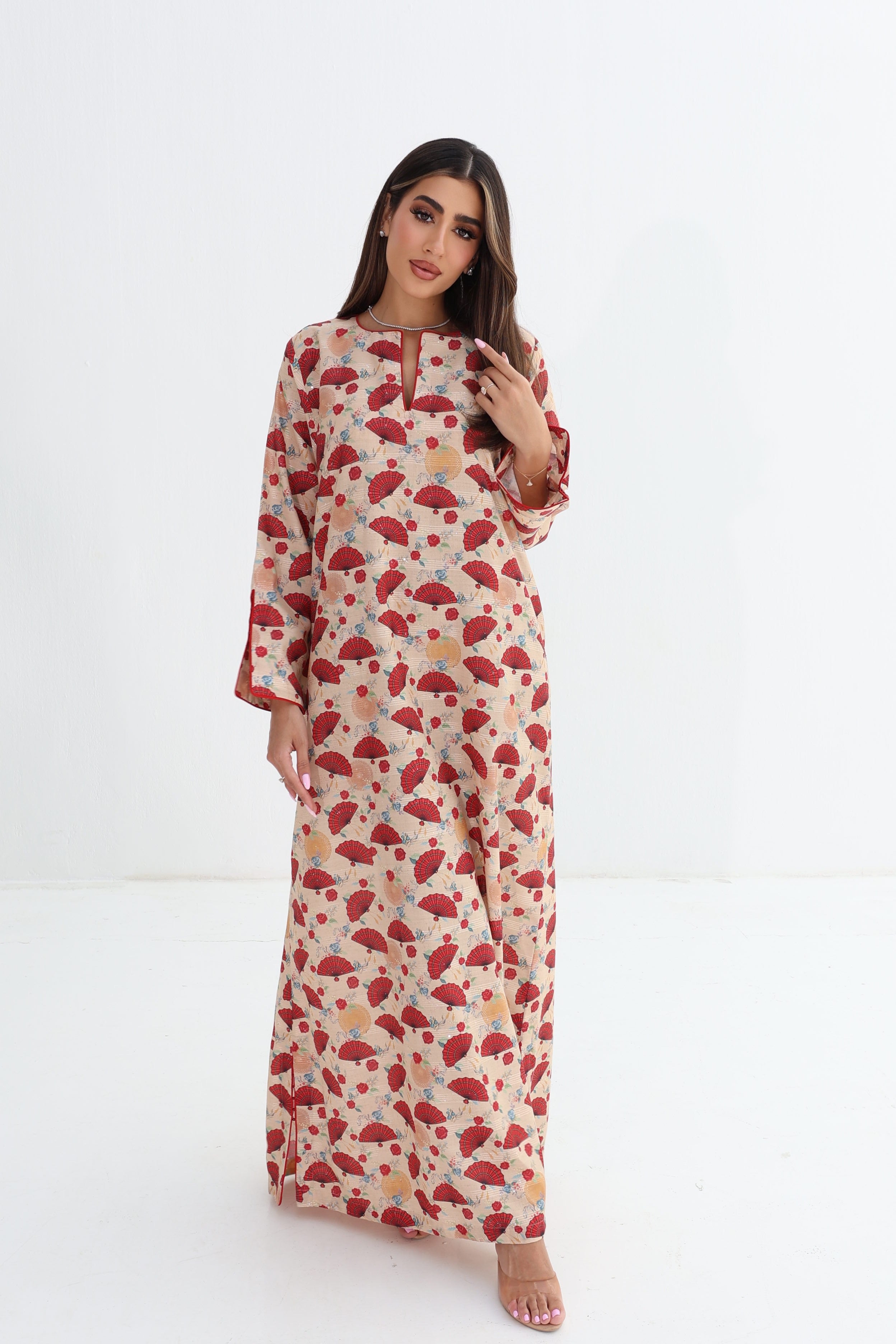 Mirwaha — C14 — Sand Japanese Fan & Rose Print Batwing Cotton Jalabiya