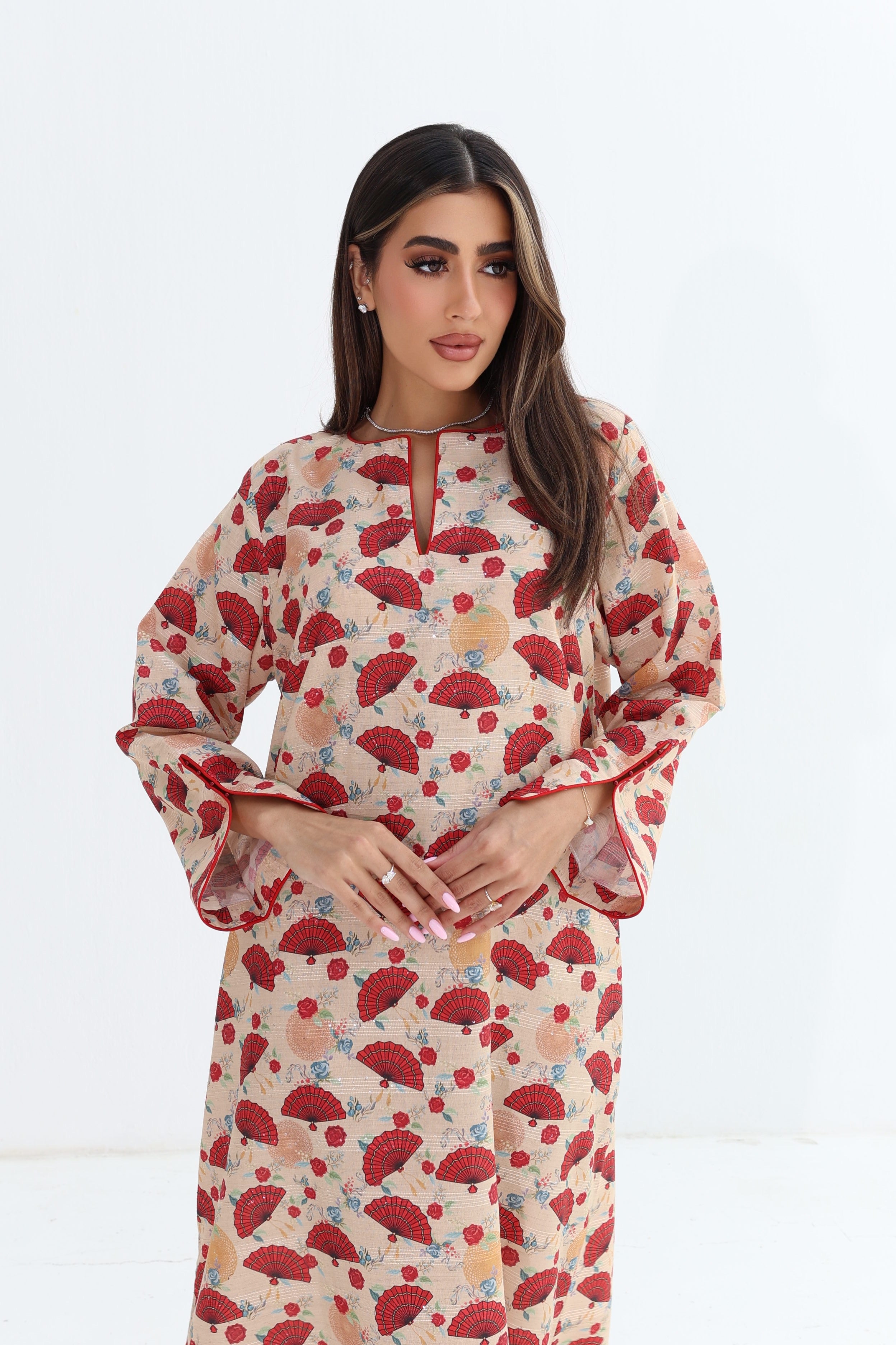 Mirwaha — C14 — Sand Japanese Fan & Rose Print Batwing Cotton Jalabiya