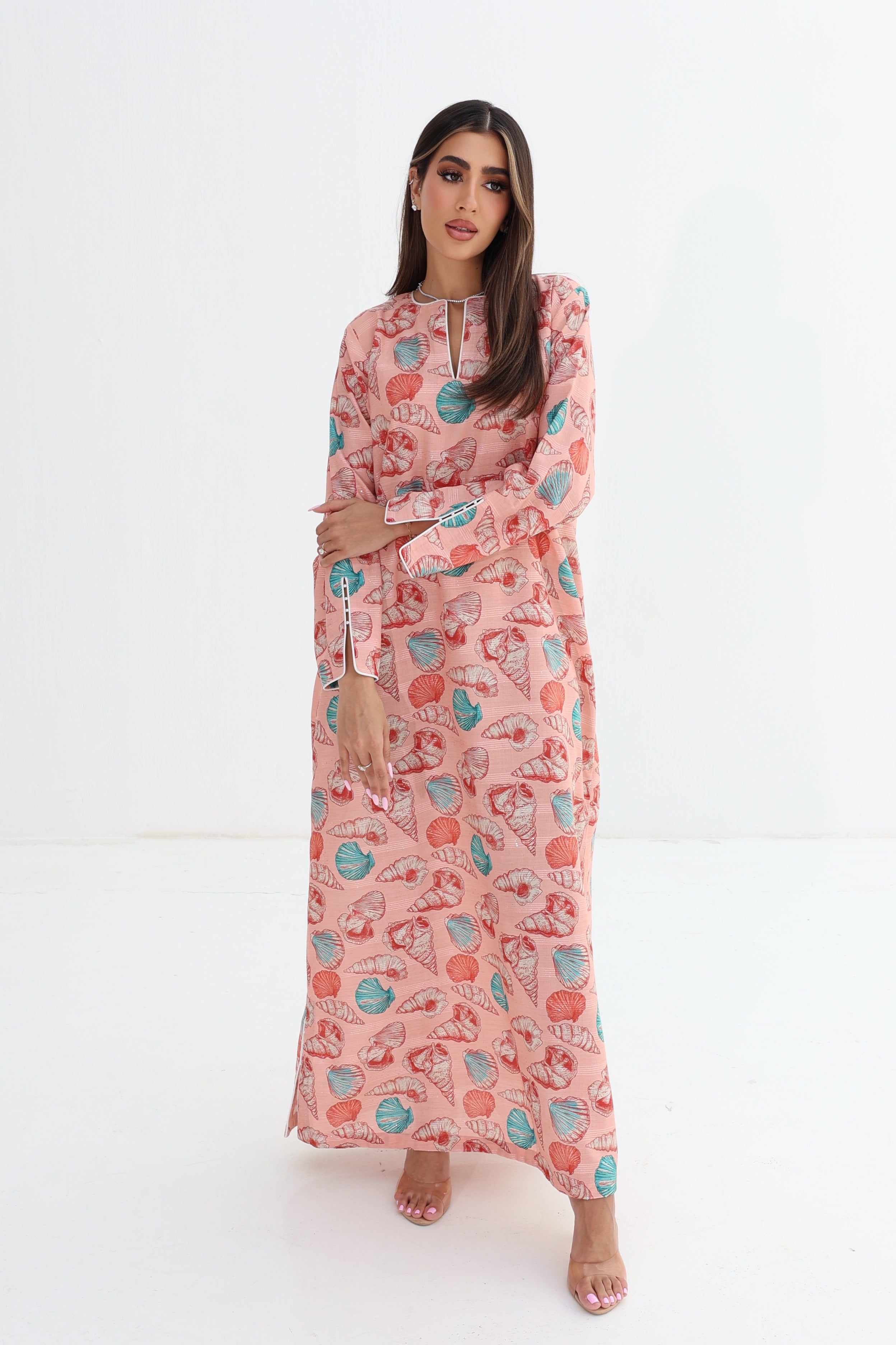 Sadaf — C13 — Blush Seashell Conch Print Pearl Trim Cotton Jalabiya