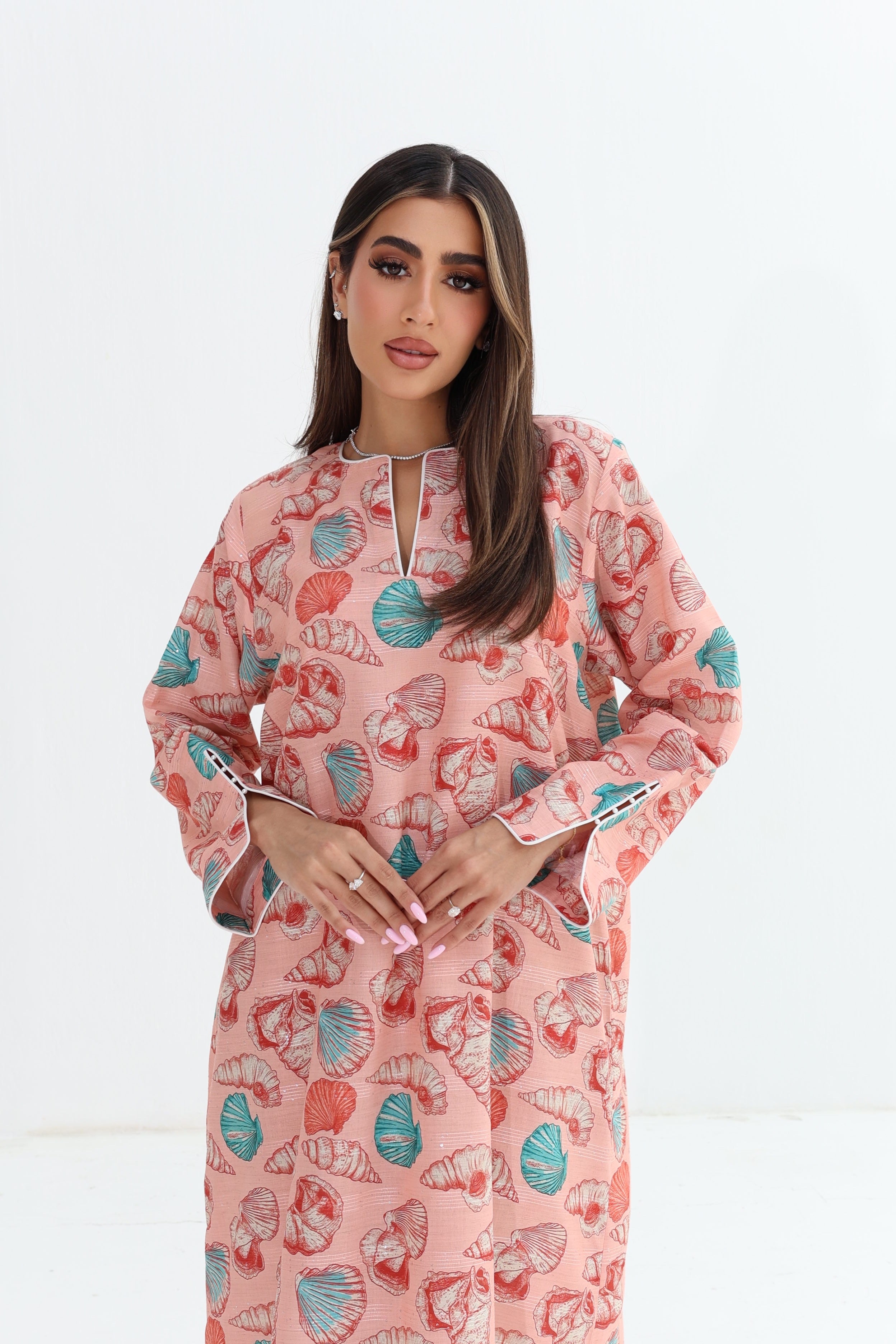 Sadaf — C13 — Blush Seashell Conch Print Pearl Trim Cotton Jalabiya