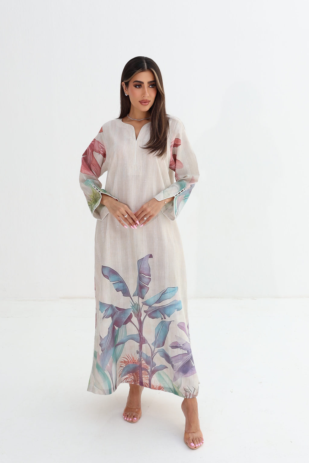 Mawja — C11 — Ivory Tropical Banana Leaf Placed Print Cotton Jalabiya
