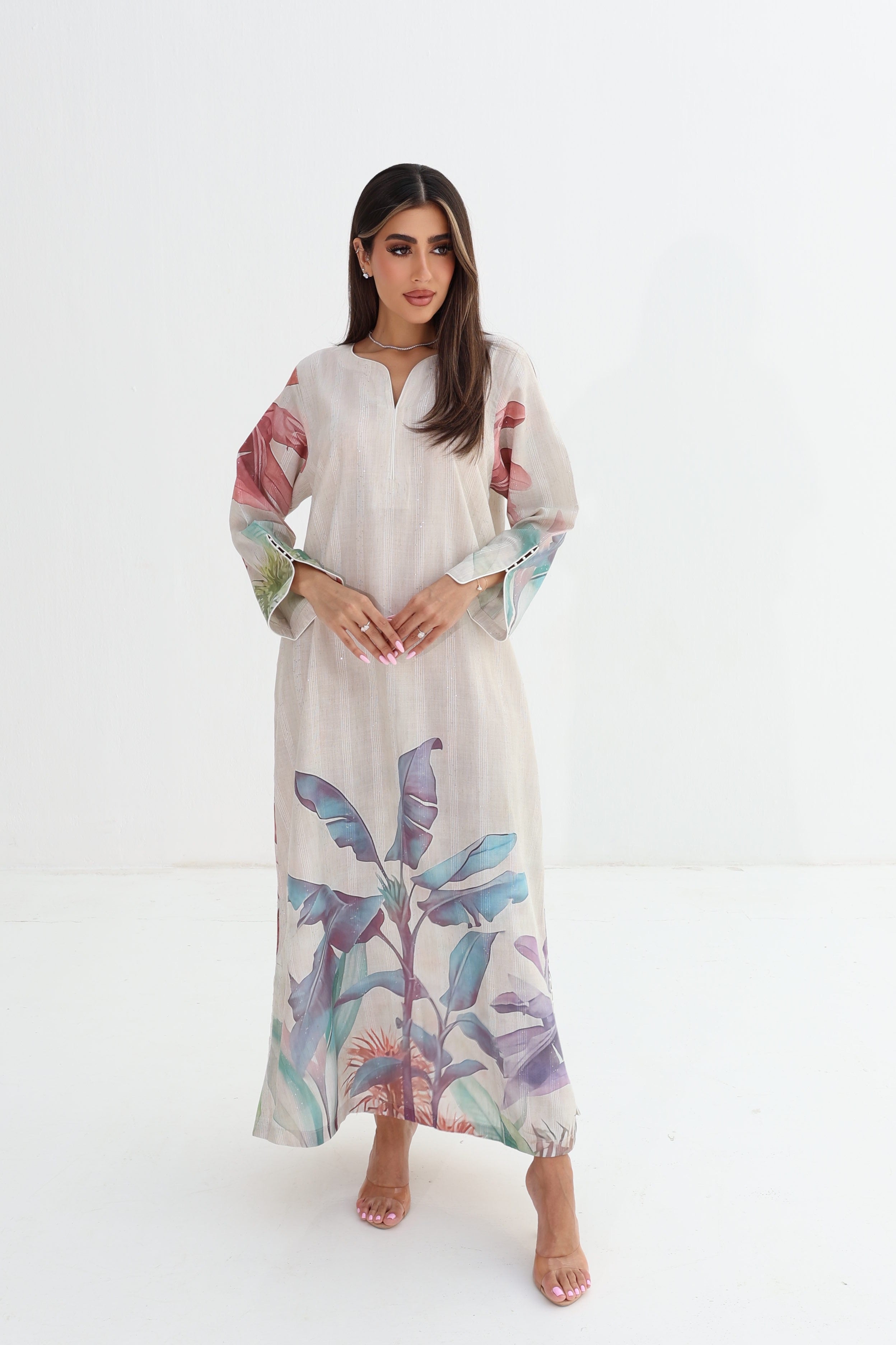 Mawja — C11 — Ivory Tropical Banana Leaf Placed Print Cotton Jalabiya